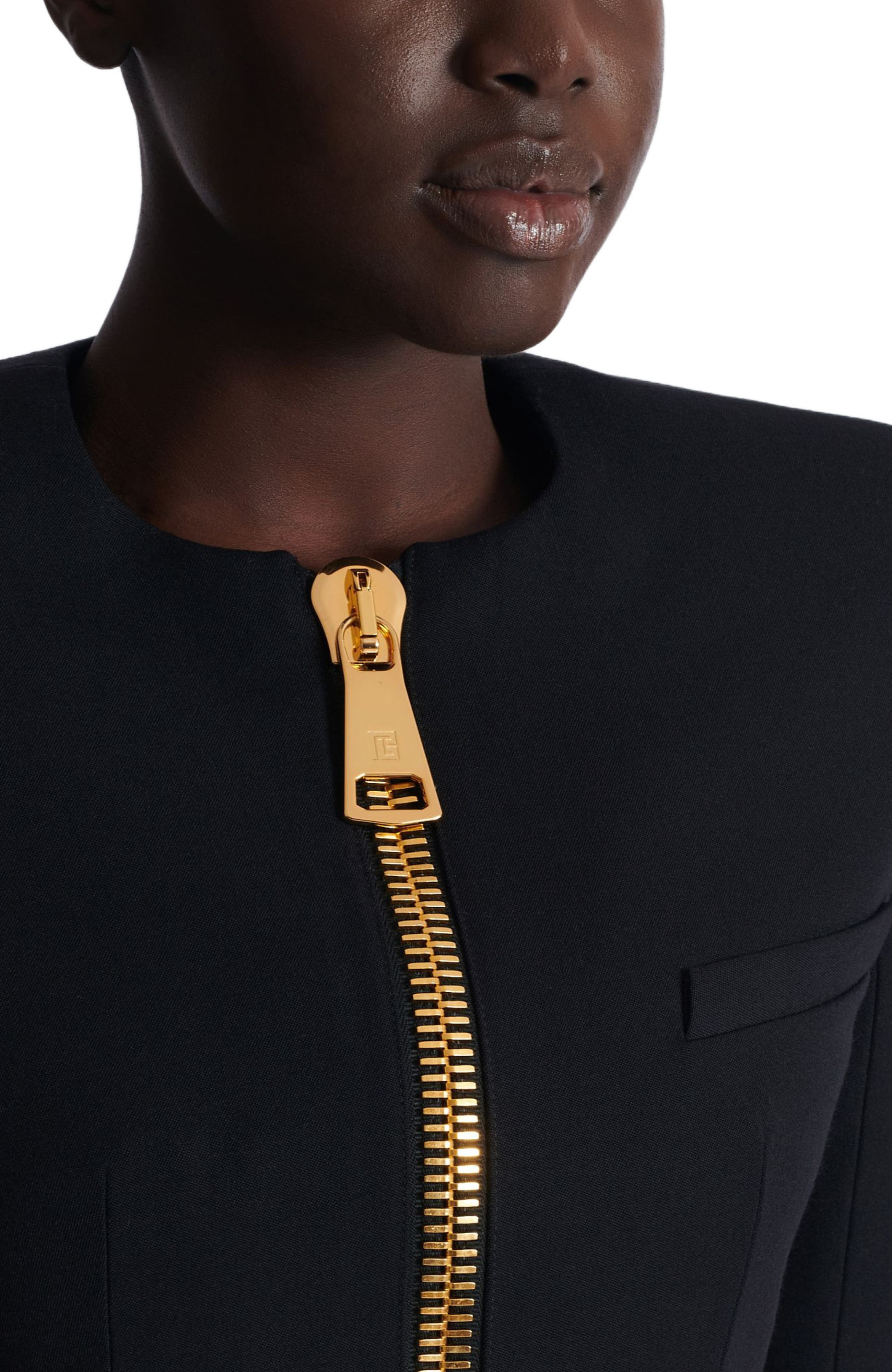 Balmain Cropped Jacket In Grain De Poudre Wool in Black at Nordstrom - 7