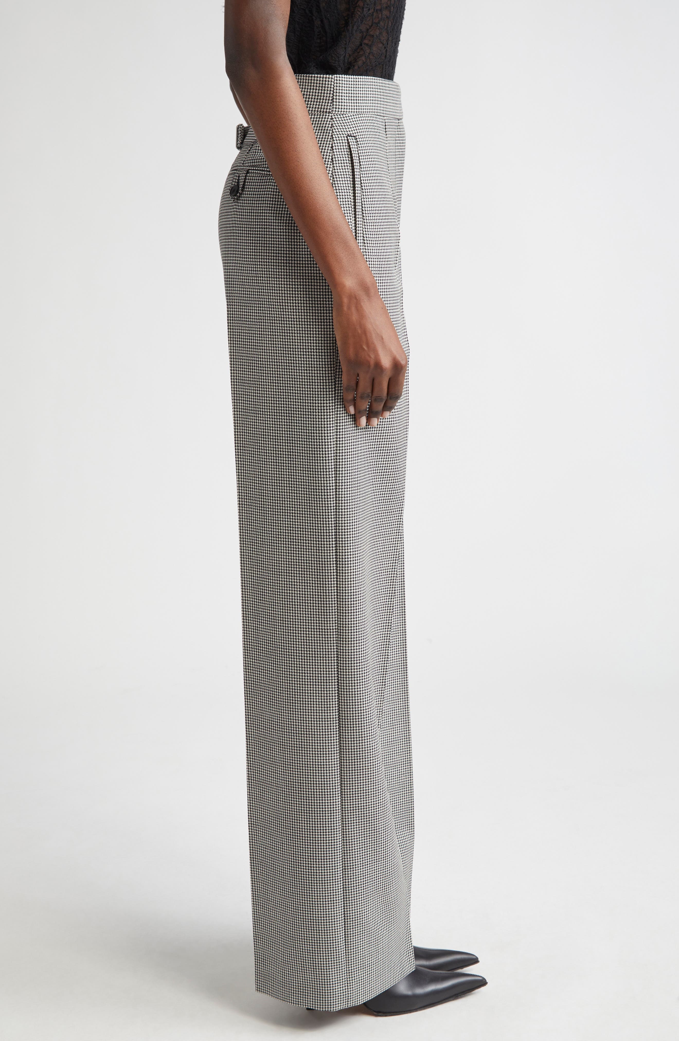McQueen Micro Houndstooth Pleated Wool & Mohair Straight Leg Trousers in Black/Ivory at Nordstrom - 4