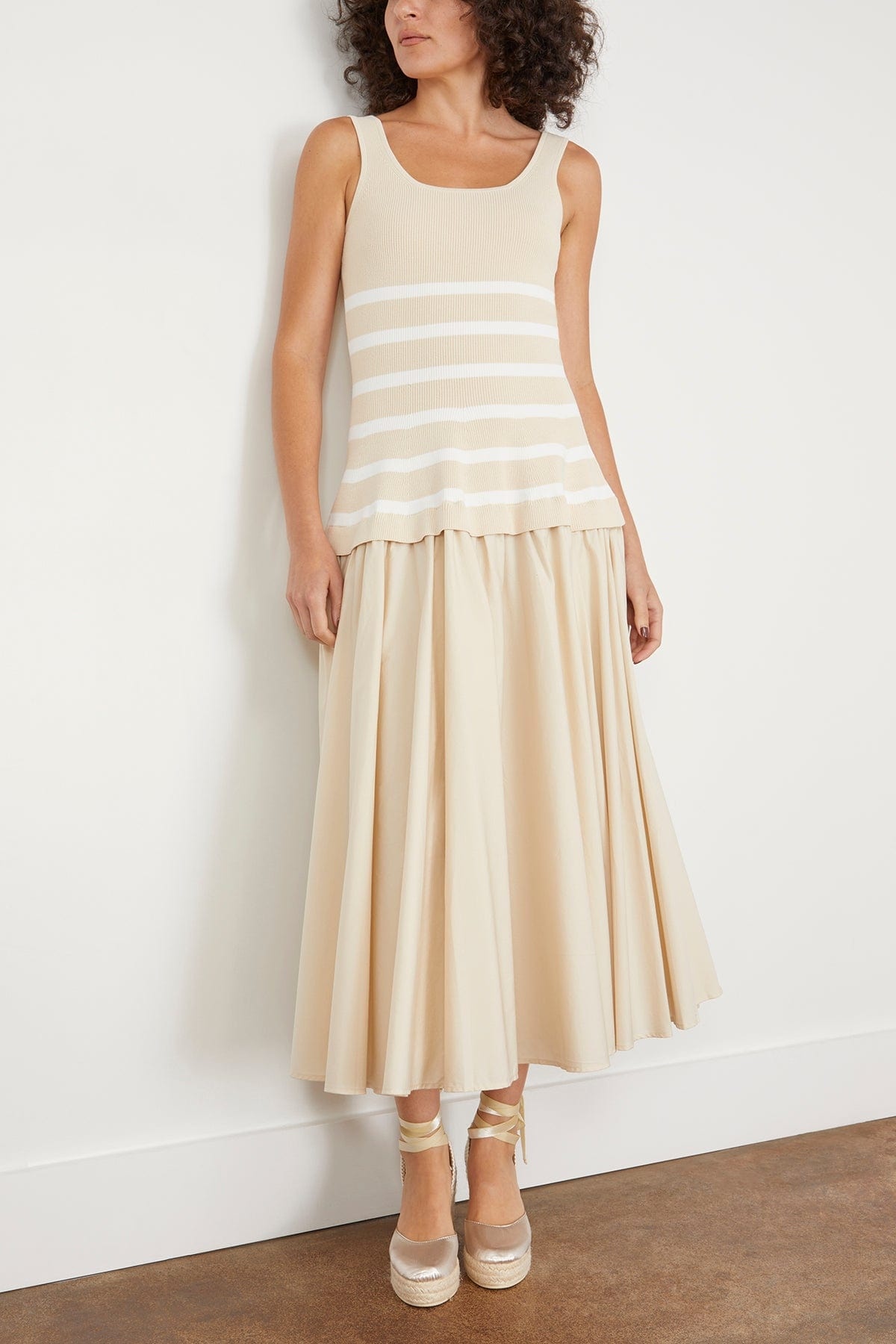 Silas Sleeveless Knit Bodice Midi Dress in Sand Stripe - 3