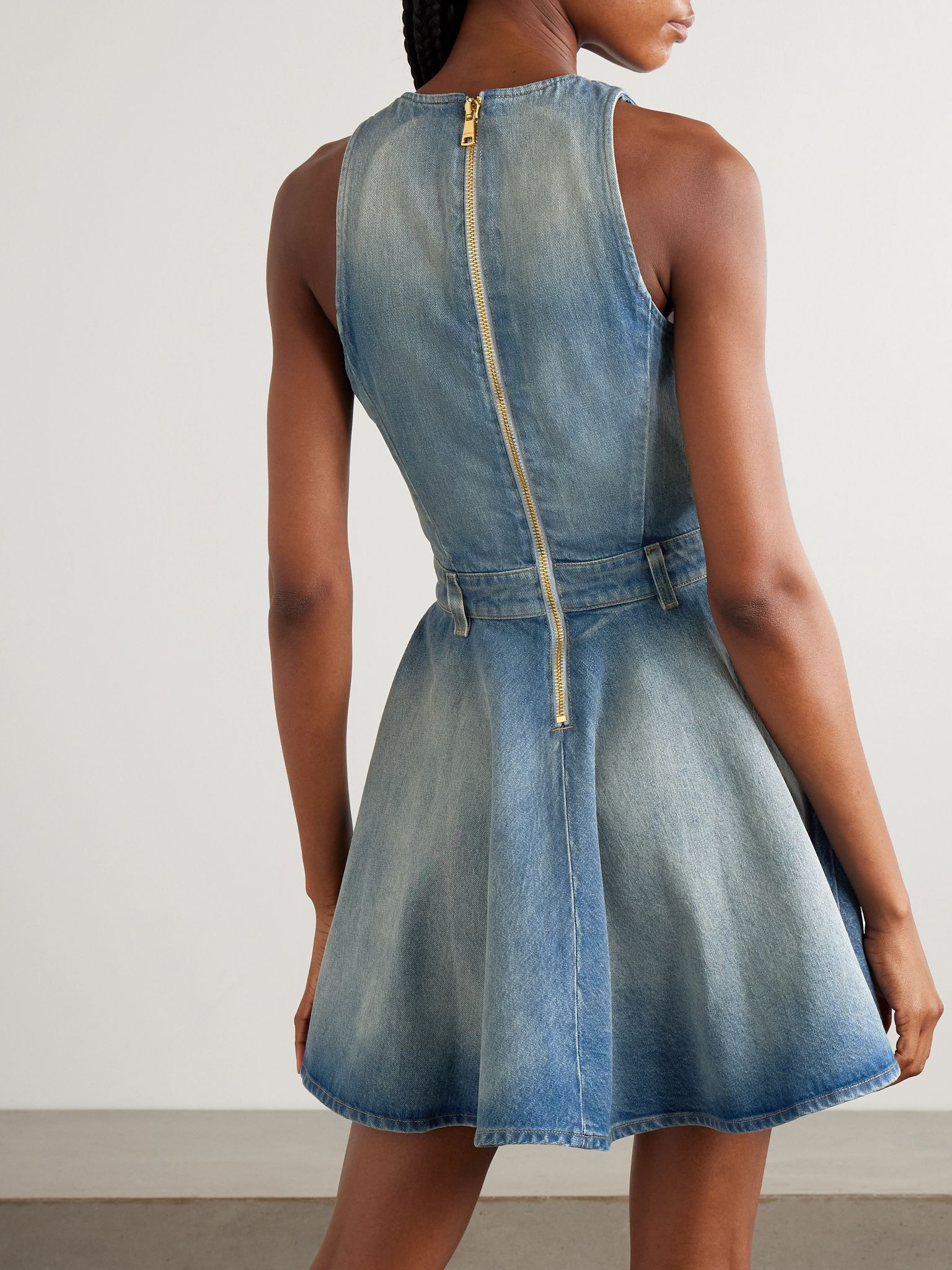 Button-embellished embroidered denim mini dress Light denim - 3