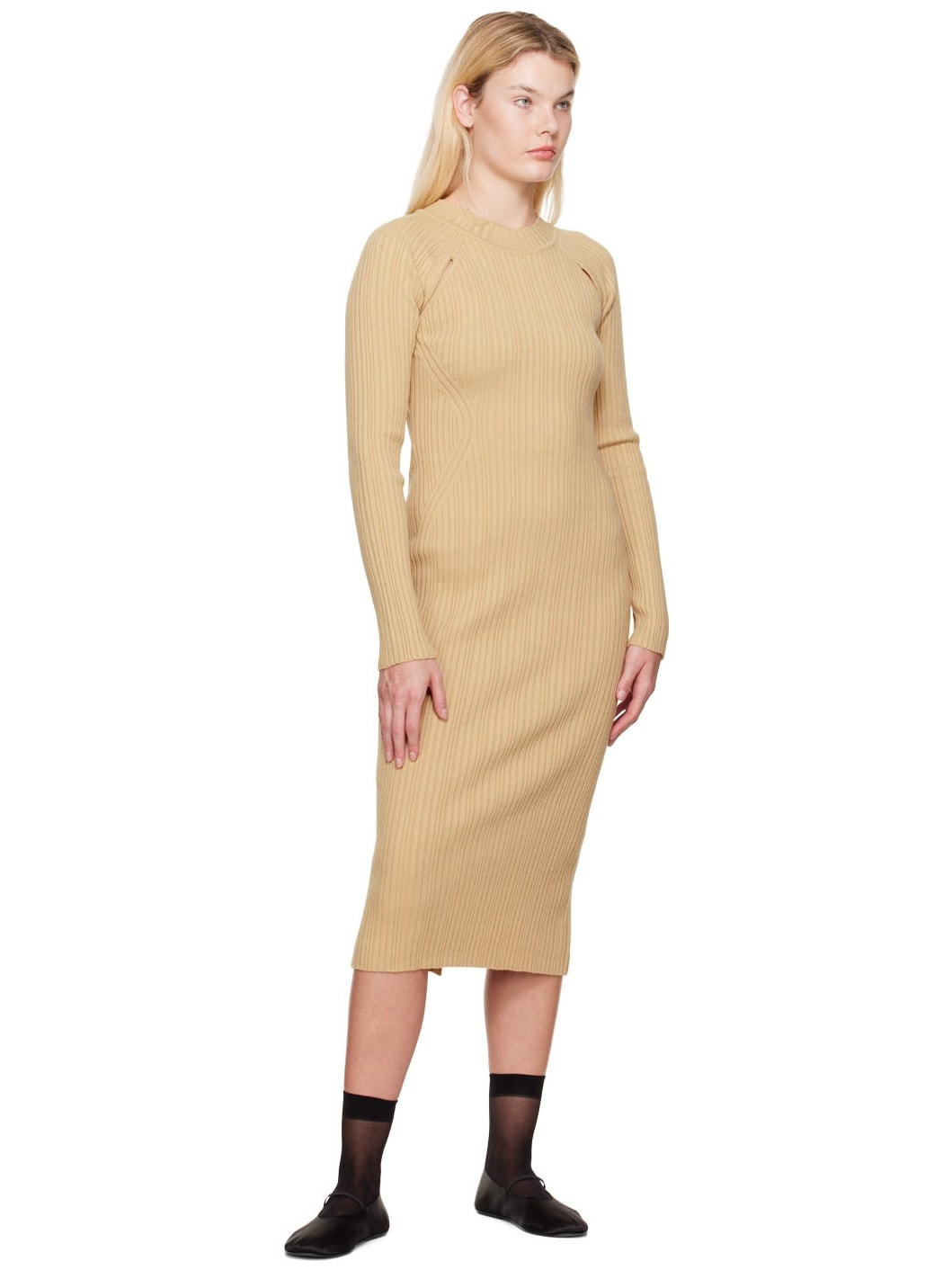 Beige Cutout Midi Dress - 4