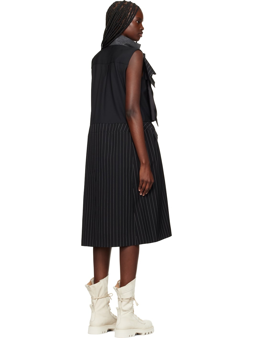 Black Wool Silk Suiting Midi Dress - 3