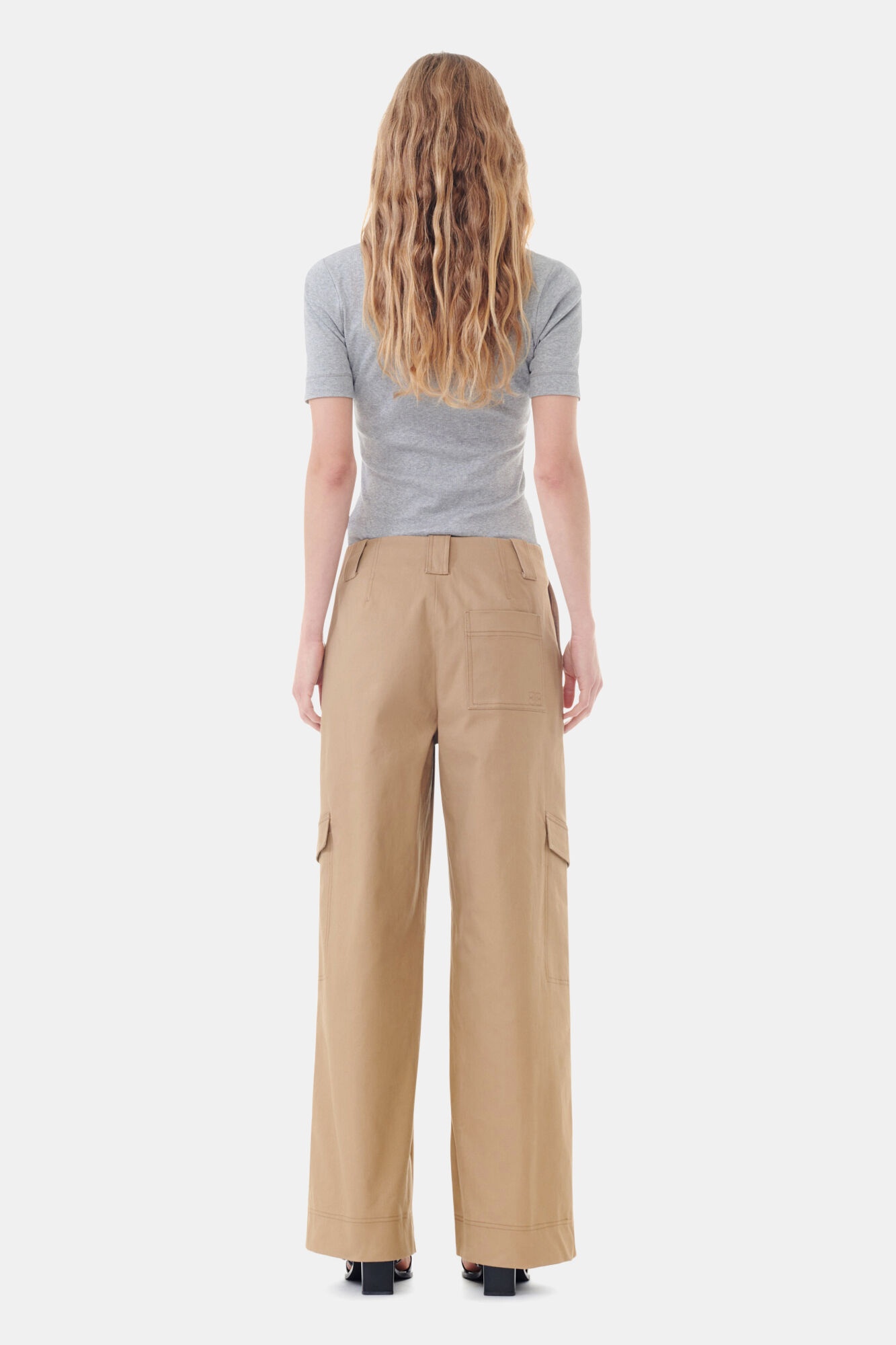 BROWN HERRINGBONE CANVAS MID WAIST PANTS - 4