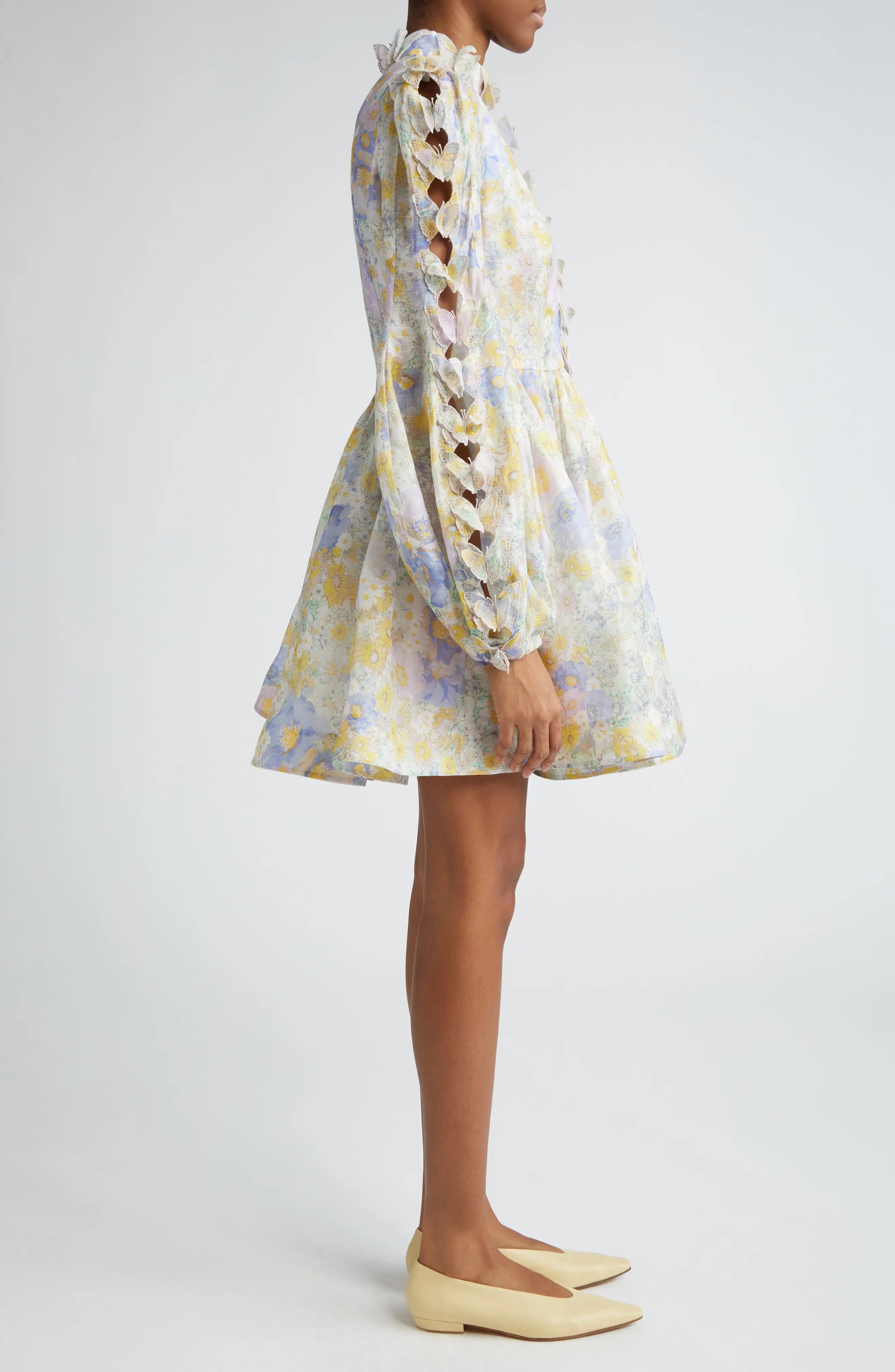 Butterfly Embellished Long Sleeve Linen & Silk Minidress - 3