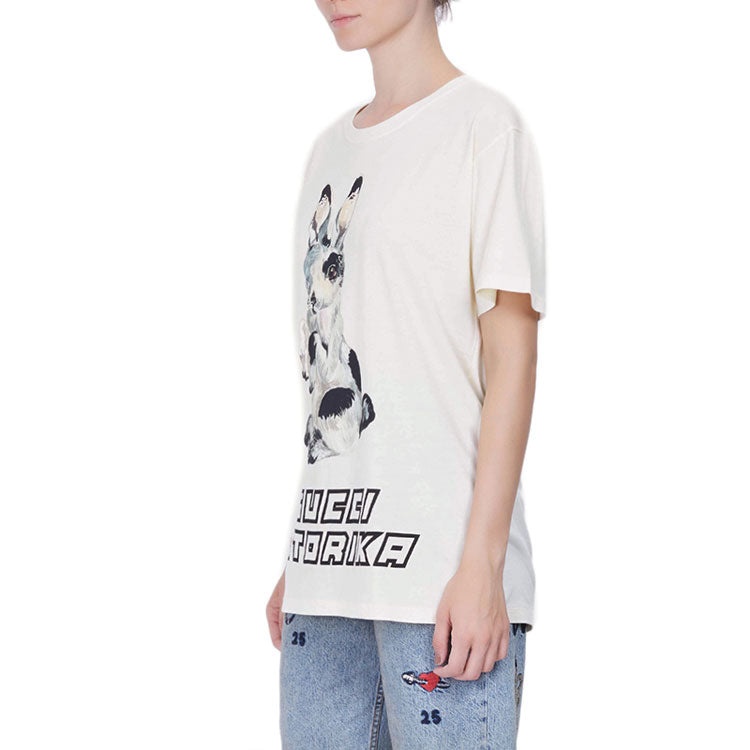 (WMNS) Gucci Bunny Pattern Crewneck Short Sleeve For White 492347-X3M80-7550 - 4
