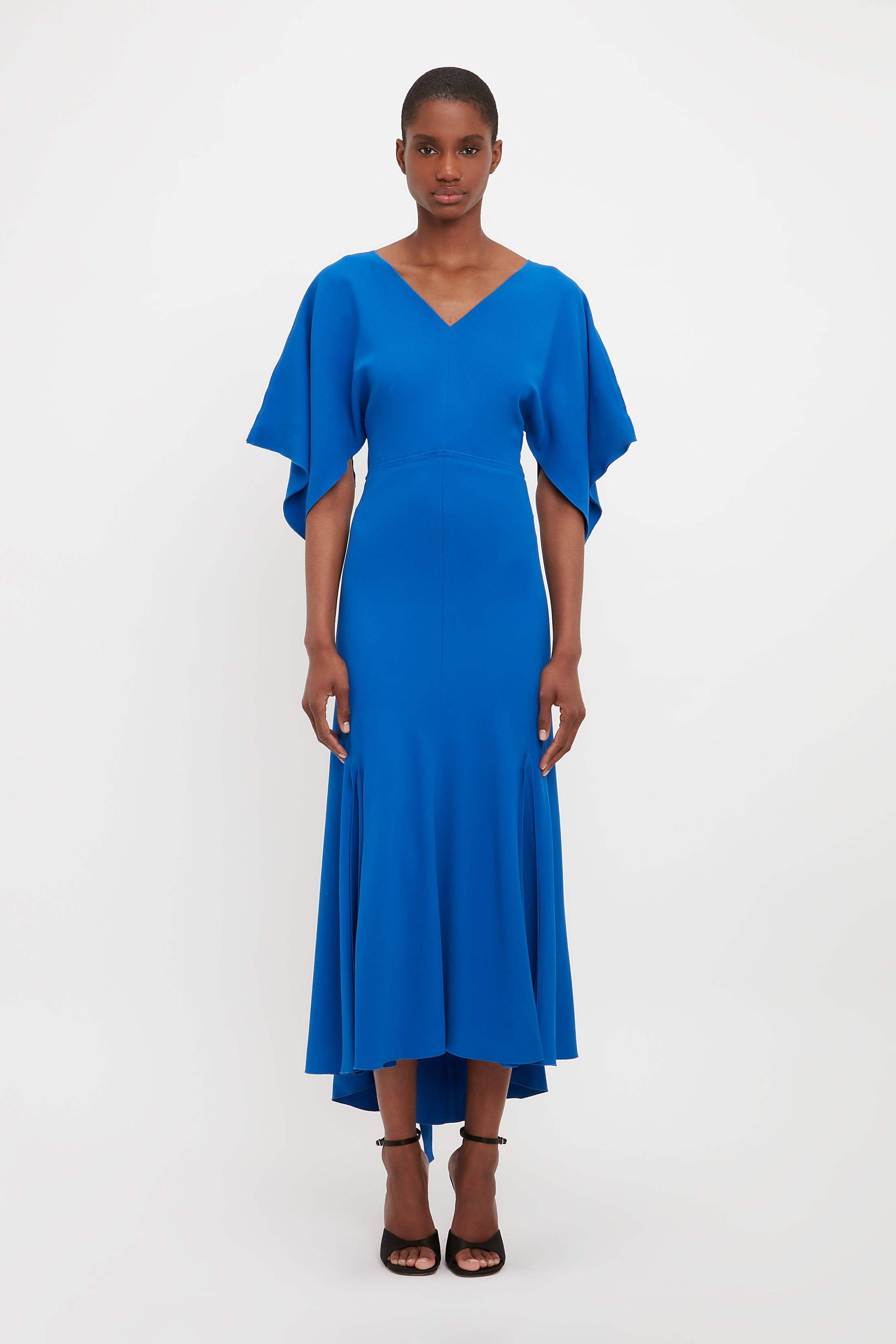 V-Neck Bias Godet Dress In Bright Blue - 2