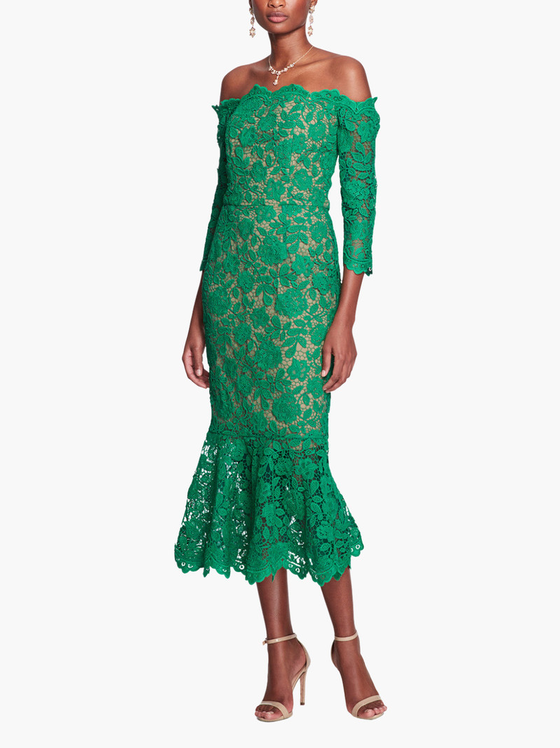 OFF SHOULDER SCALLOPED EMERALD LACE GOWN 1
