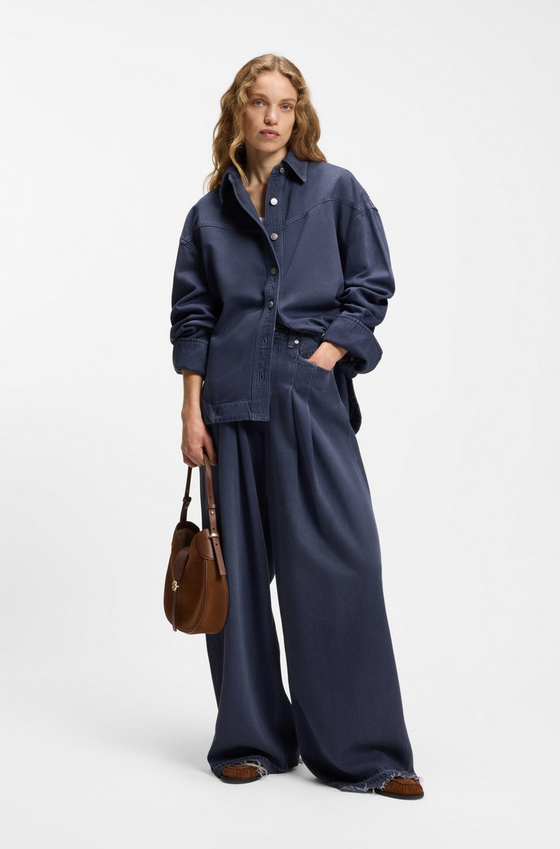 BOSS SMOKY-BLUE OVERSIZED-FIT BLOUSE IN RIGID DENIM outlook
