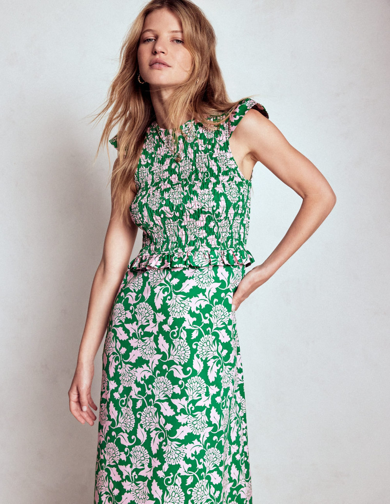 Carolina Smocked Midi Dress-Rich Emerald, Ornate Vine 5