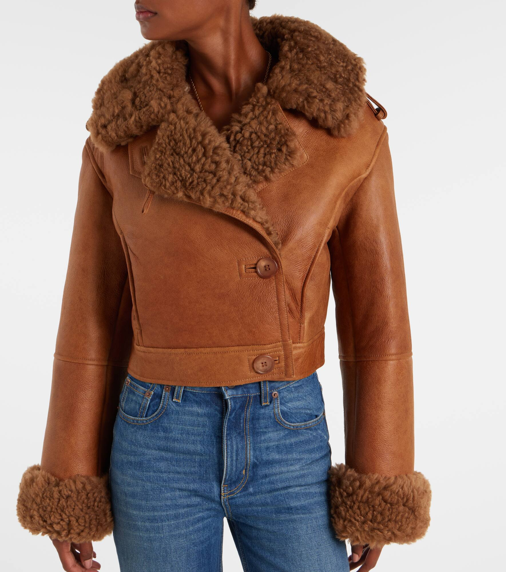 Cropped shearling-trimmed leather jacket - 7