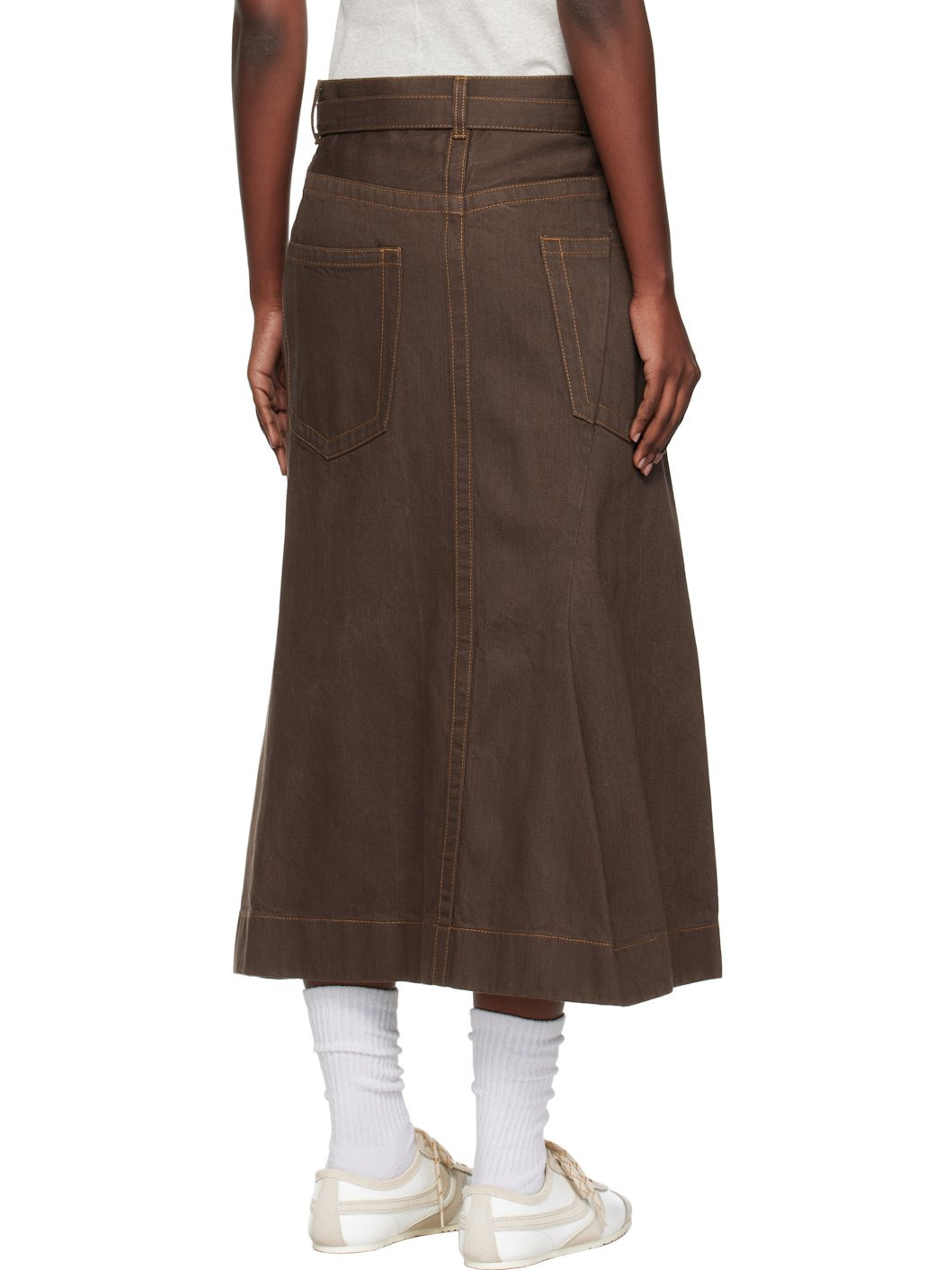 Brown Asymmetrical Denim Midi Skirt - 3