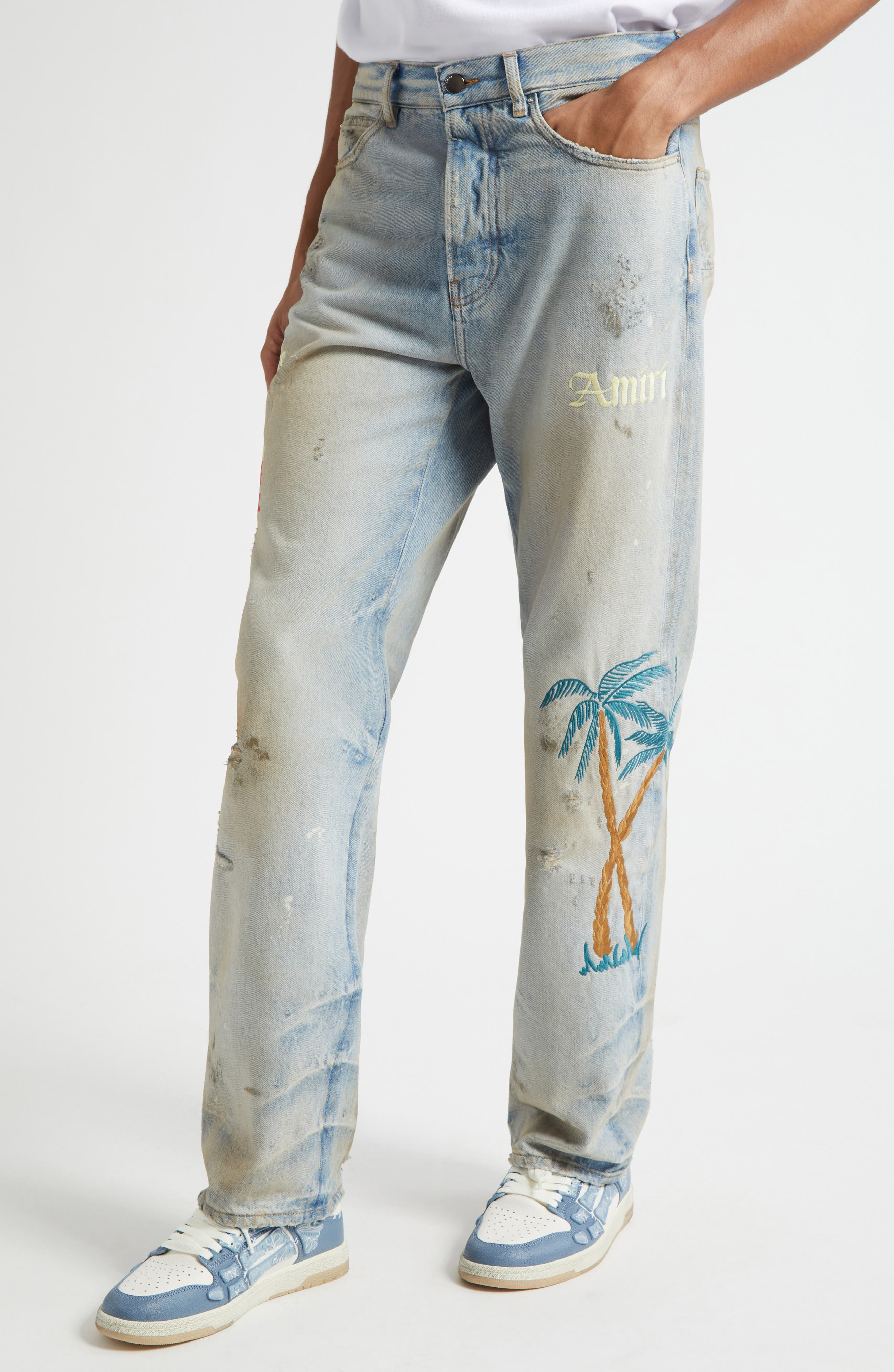 AMIRI Sinners Embroidered Distressed Jeans in Perfect Antique Indigo at Nordstrom - 5
