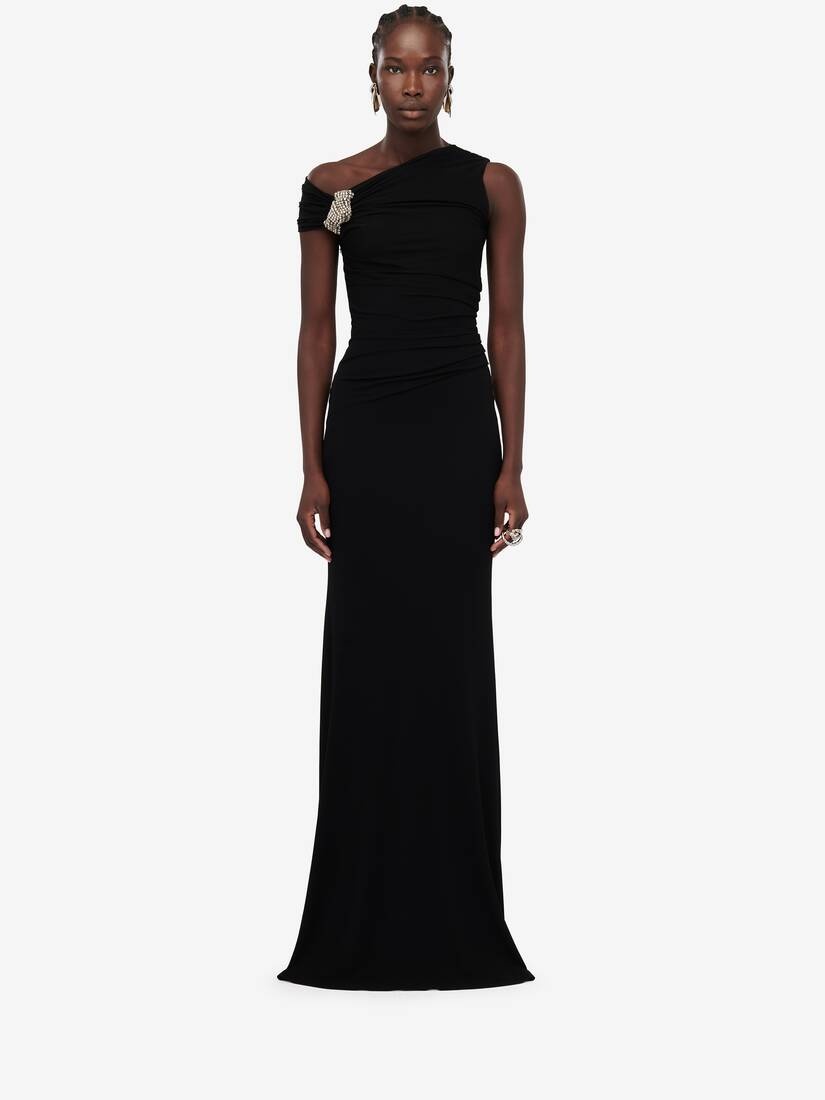 Women's Asymmetric Crystal Knot Evening Dress in Black - 2