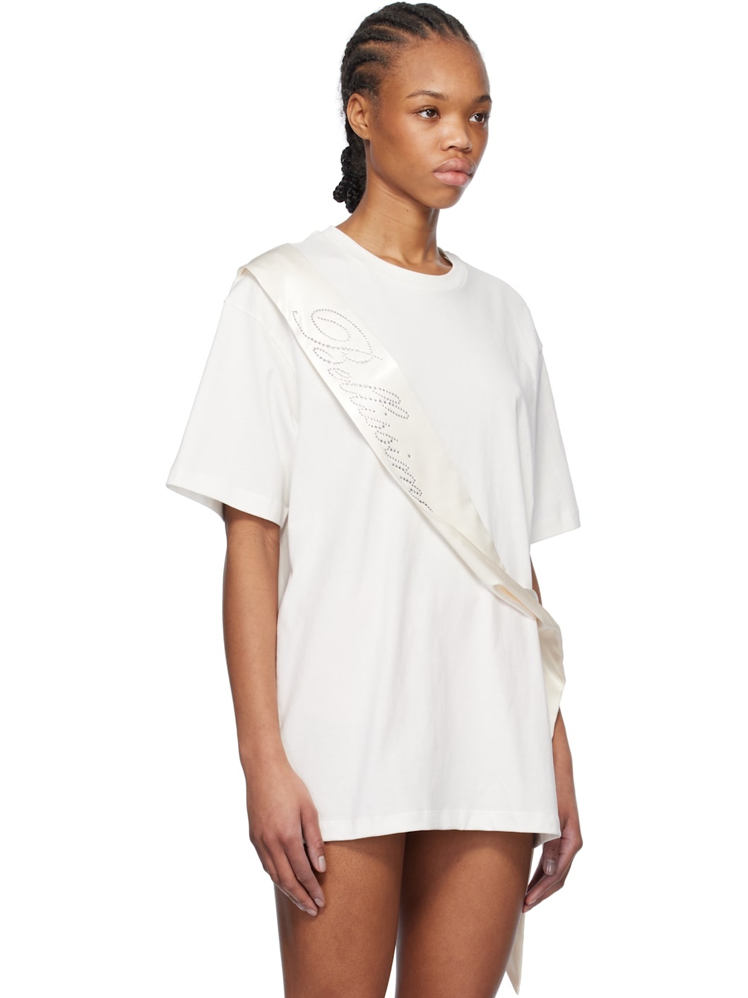White Satin Band Rhinestone Embroidery T-shirt - 2