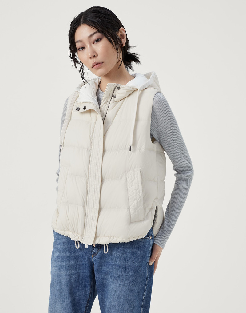 Lightweight matte nylon down vest with hood and shiny trim - 1