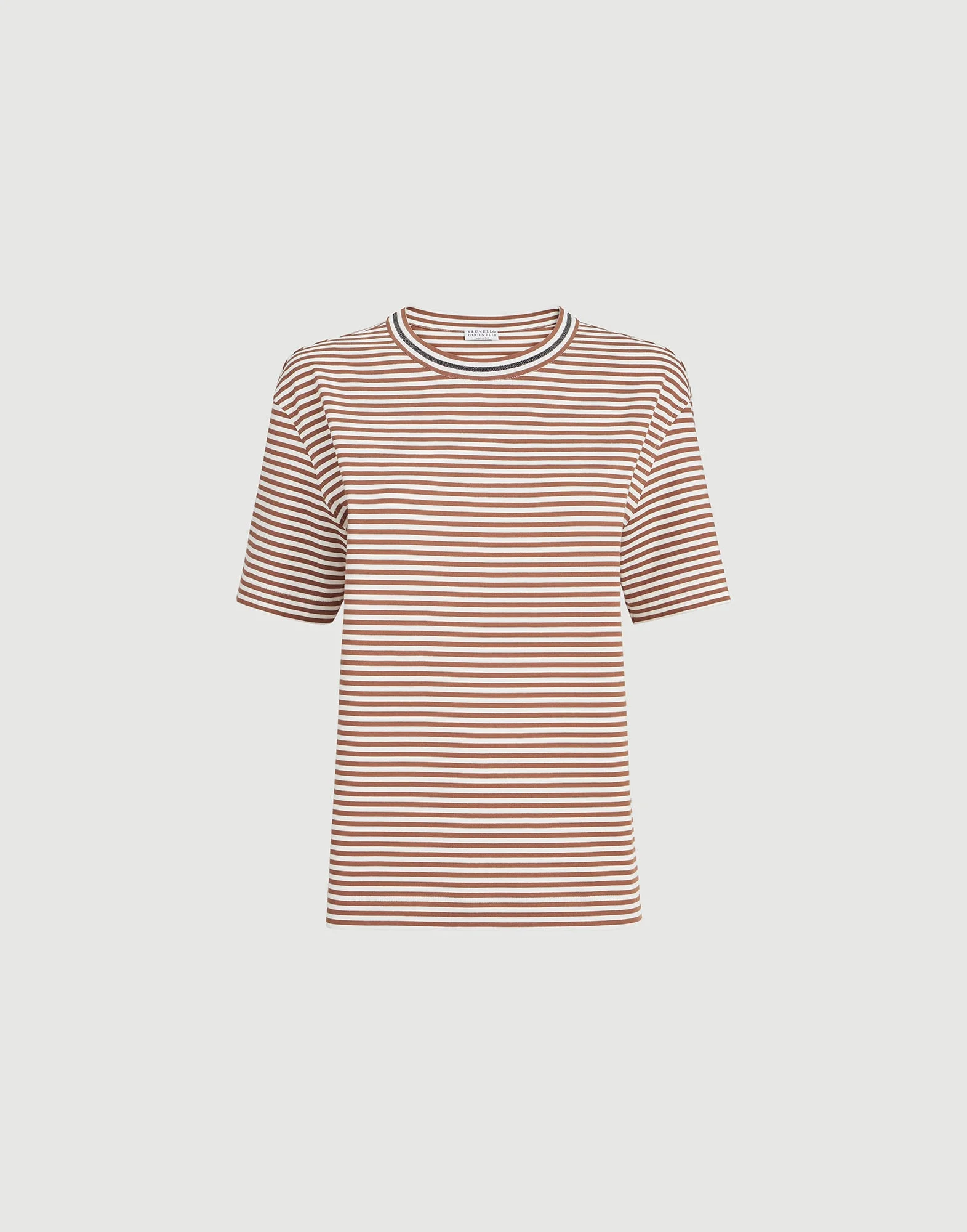 Striped cotton jersey t-shirt with precious neckline - 1
