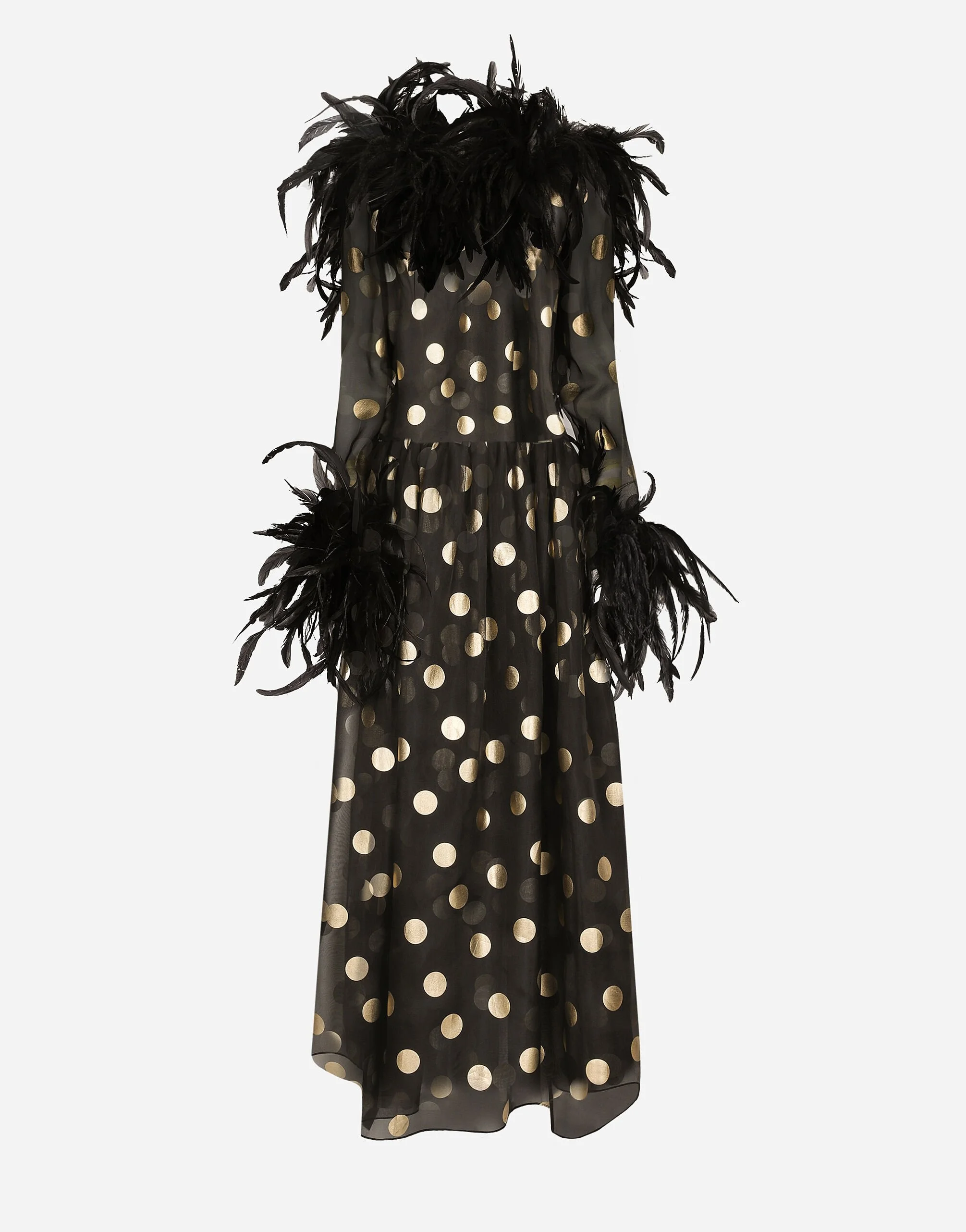 Long polka-dot silk organza dress with feathered details - 1