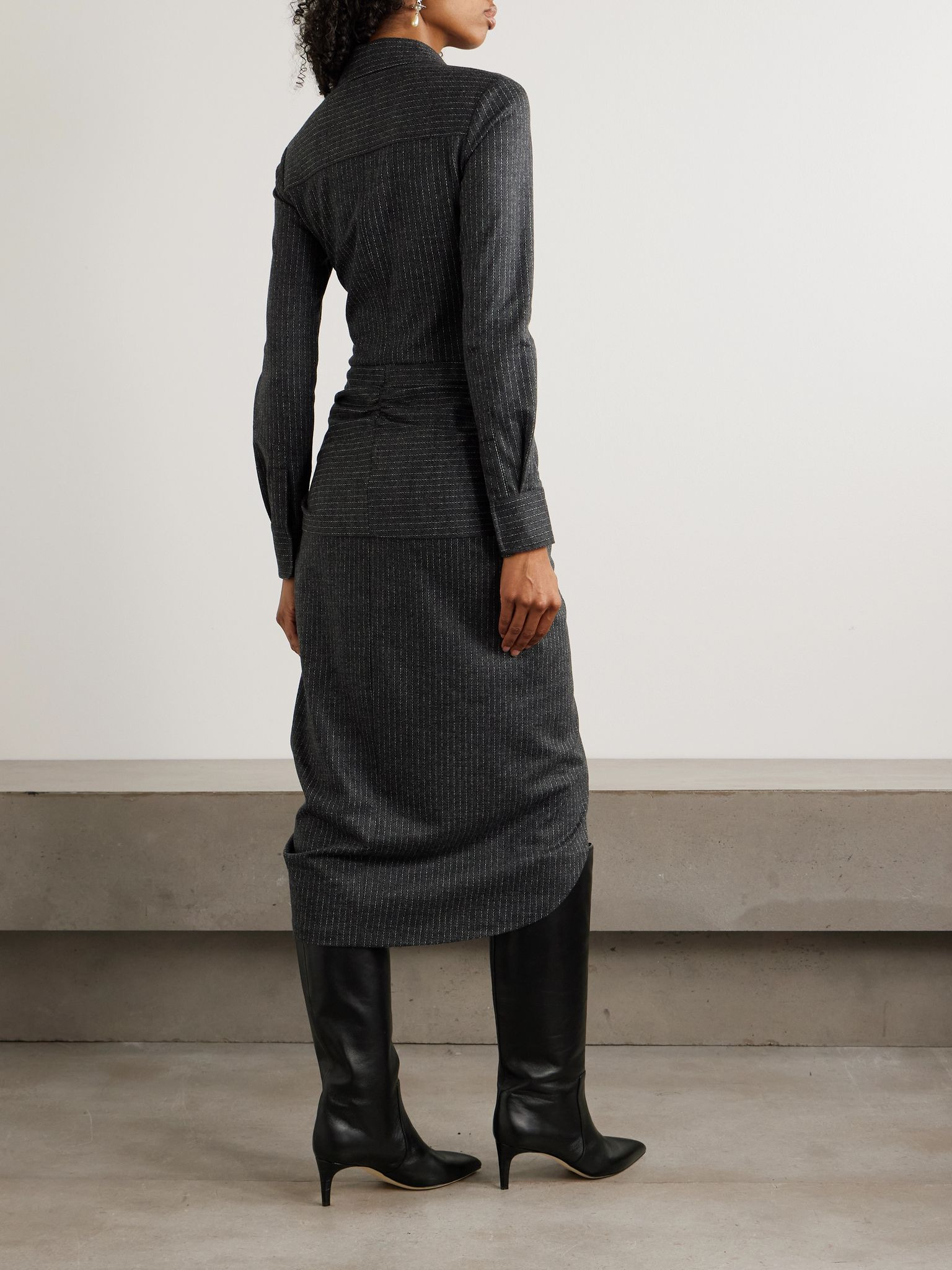 Rosalie draped pinstriped wool and cotton-blend mini dress Dark gray - 4