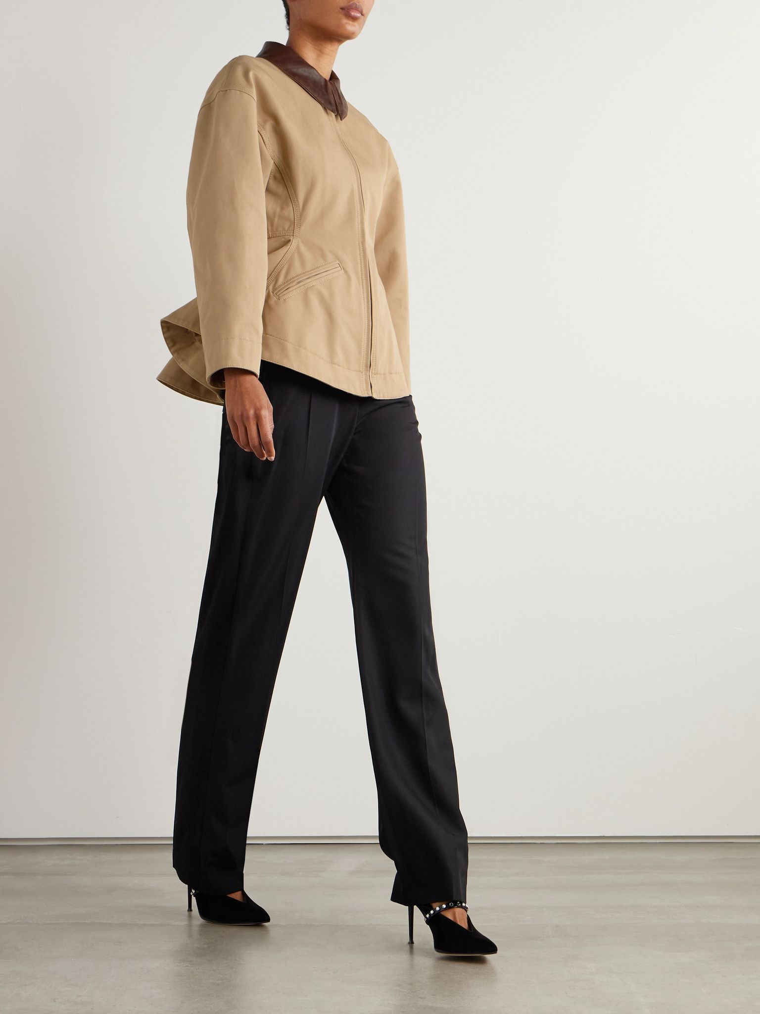 Leather-trimmed cotton-canvas peplum jacket Beige - 2