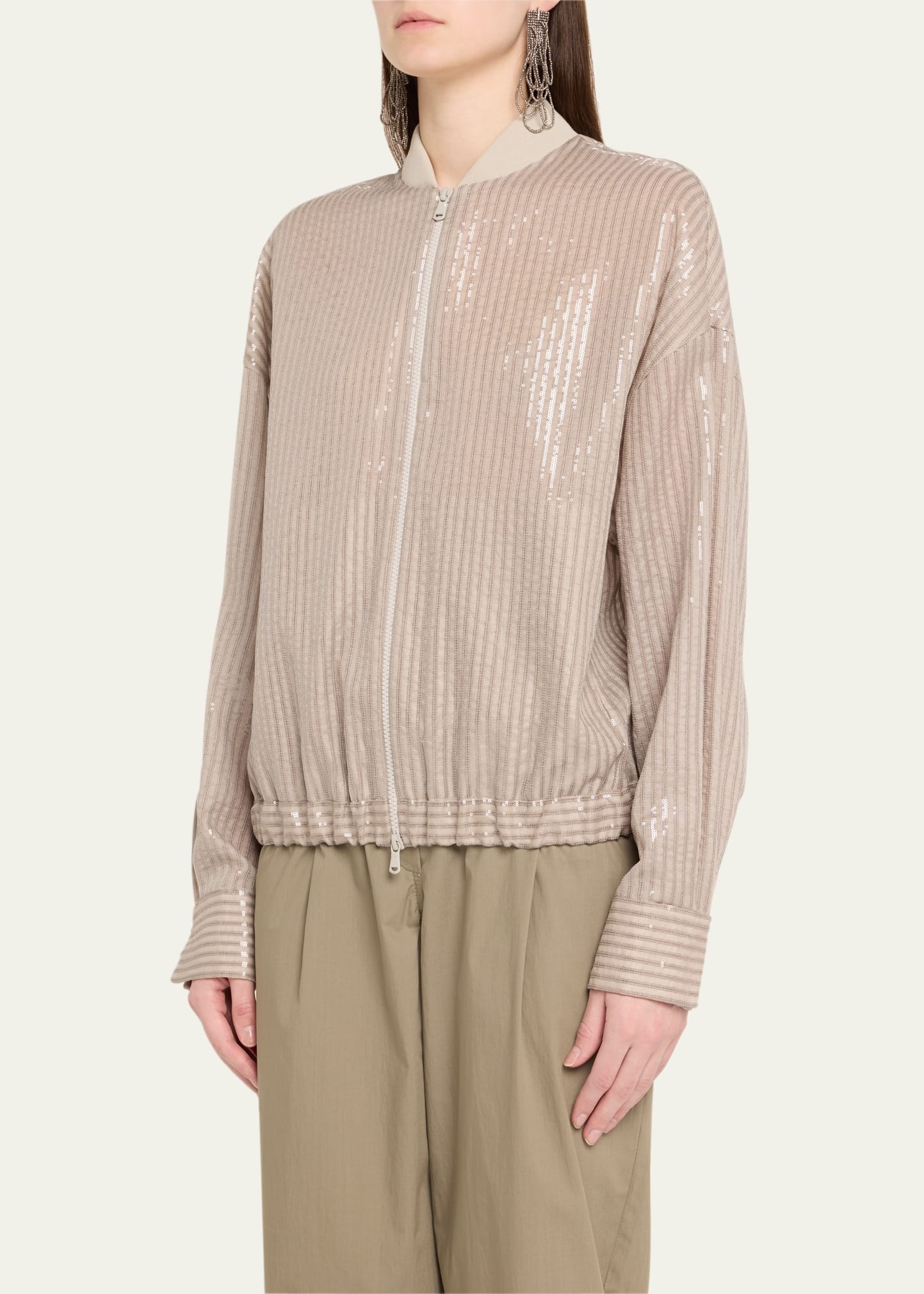 Stripe Sequined Organza Bomber Jacket - 4