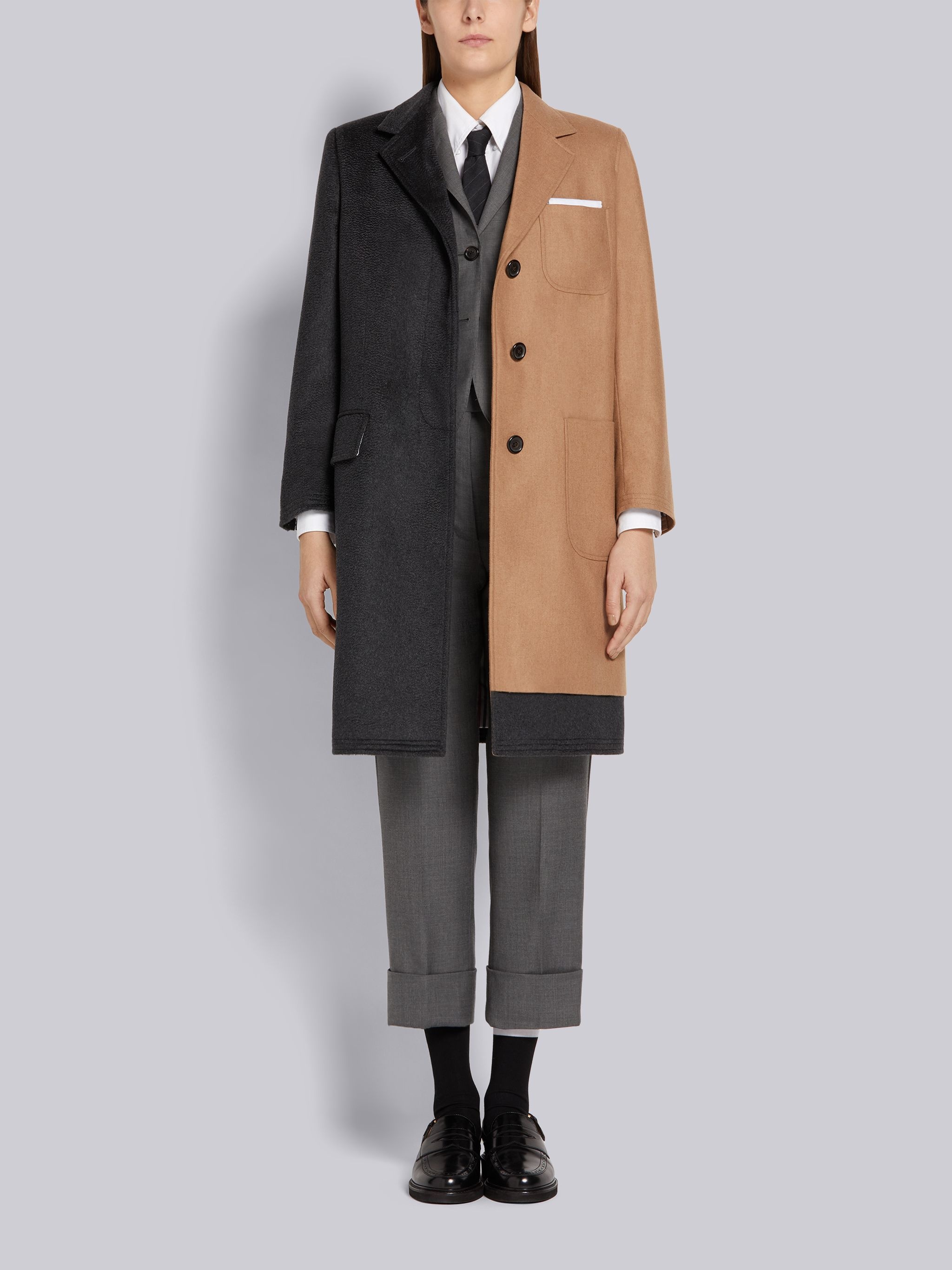 Dark Grey and Camel Zibeline Finish Coat Weight Cashmere 2-in-1 Single Breasted Overcoat - 4