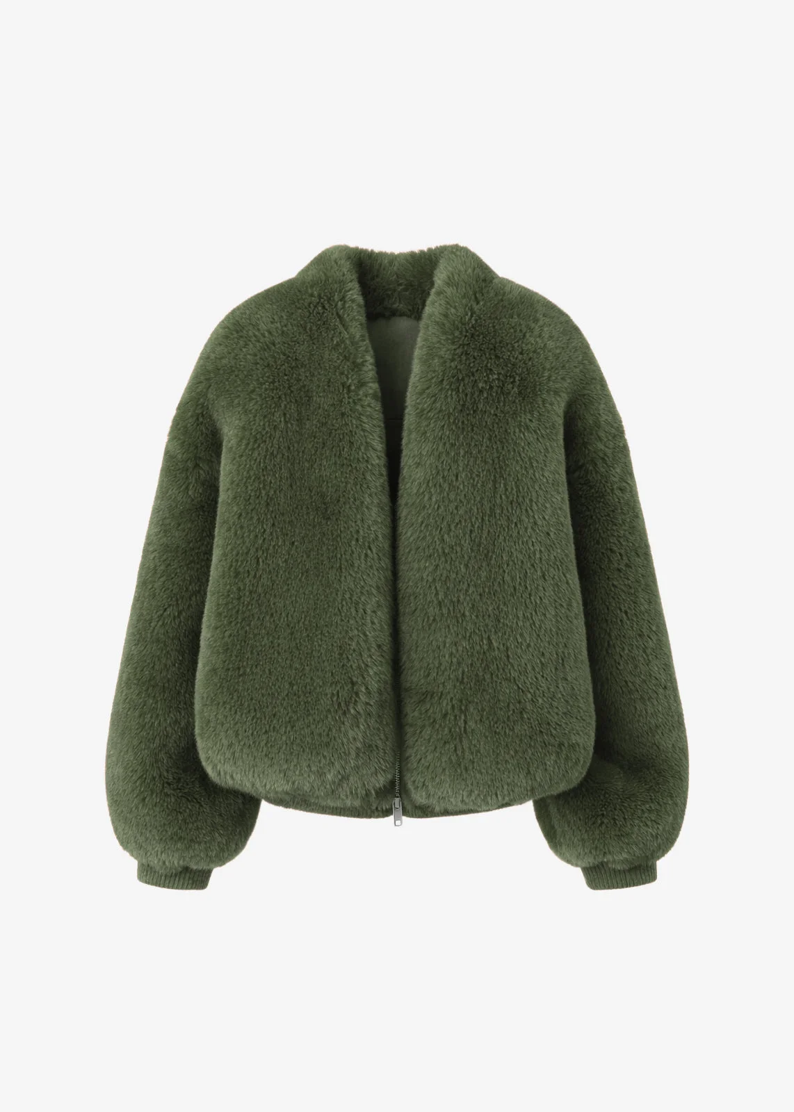 Senna Faux Fur Collarless Jacket - Moss Green - 1