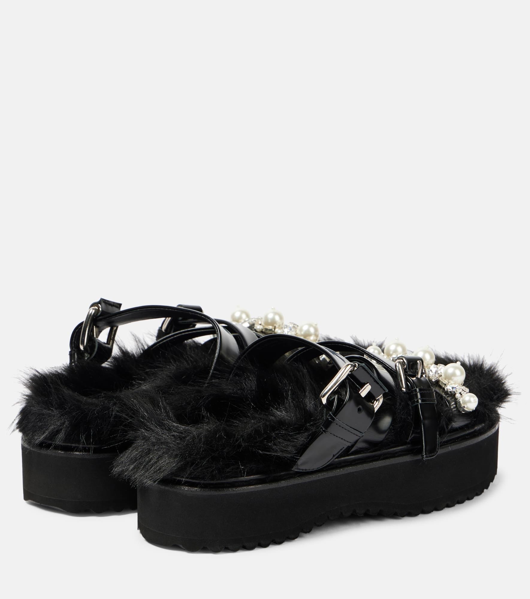 Faux fur-trimmed leather platform sandals - 2