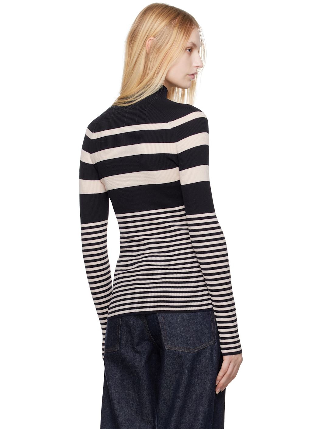 White & Blue Striped Wool Turtleneck - 3