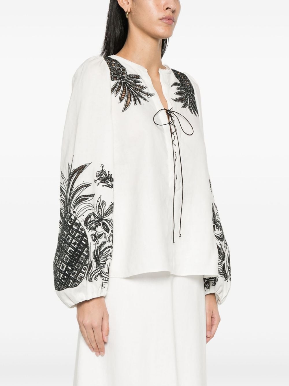 pineapple embroidery lace-up linen blouse - 3