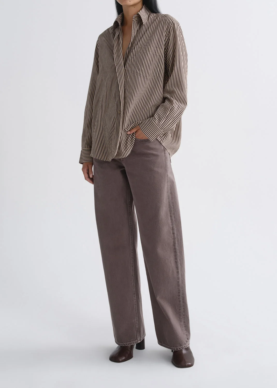 ARIS SHIRT IN TRACE STRIPE CHOCOLATE/TAUPE - 1