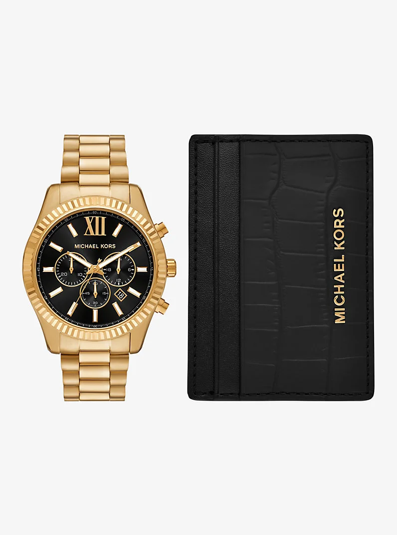 Oversized Lexington Gold-Tone Watch and Crocodile Embossed Leather Card Case Gift Set - 1