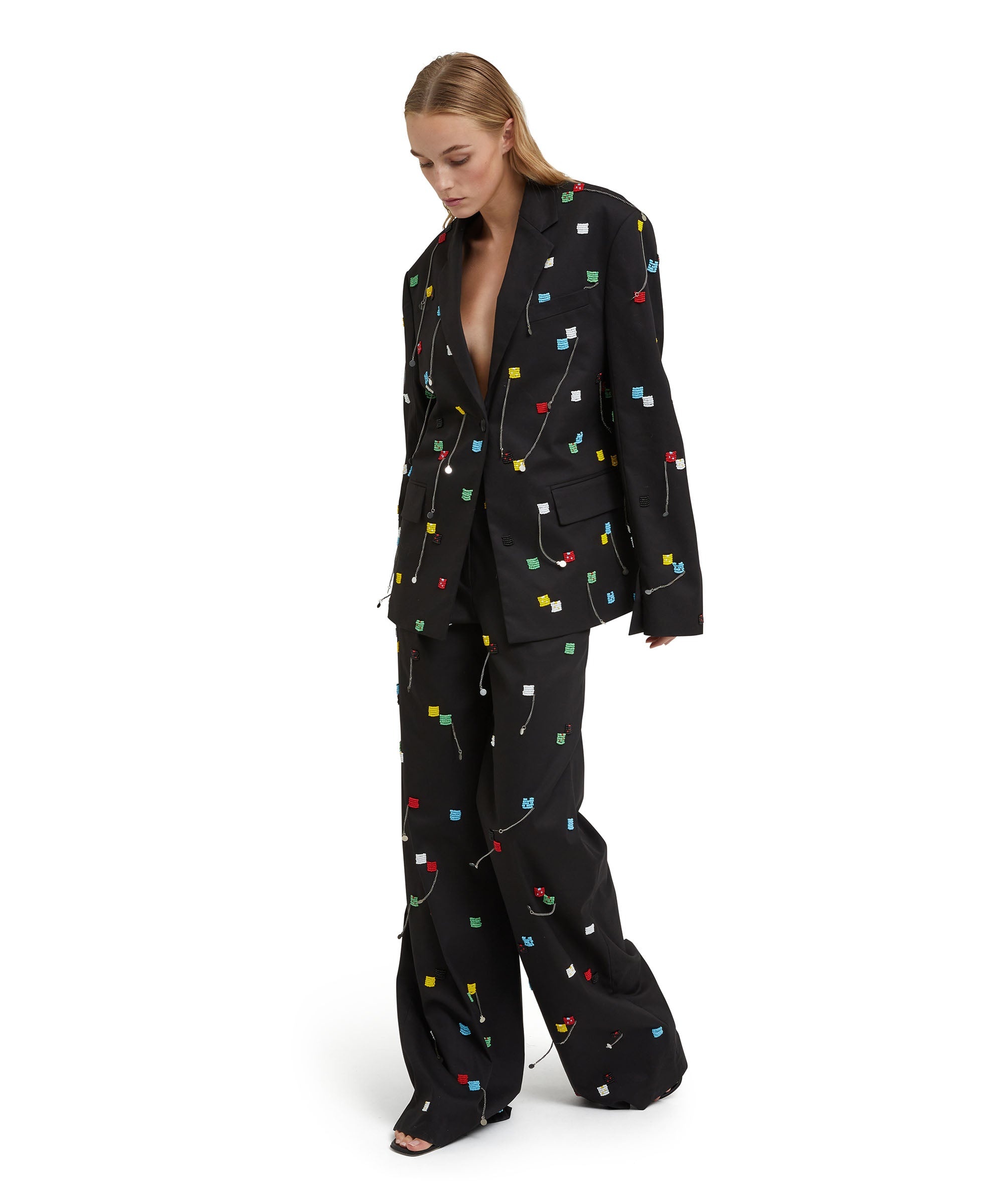 Stretch cotton gabardine roomy pants with embroidered beads - 5