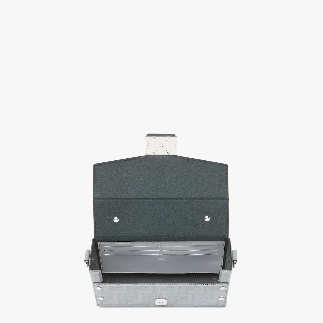 Baguette Soft Trunk bag made of light gray leather with a striped texture FF motif. Flap with magnet - 4