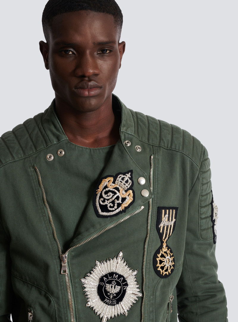 Denim biker jacket with embroidered patches 7