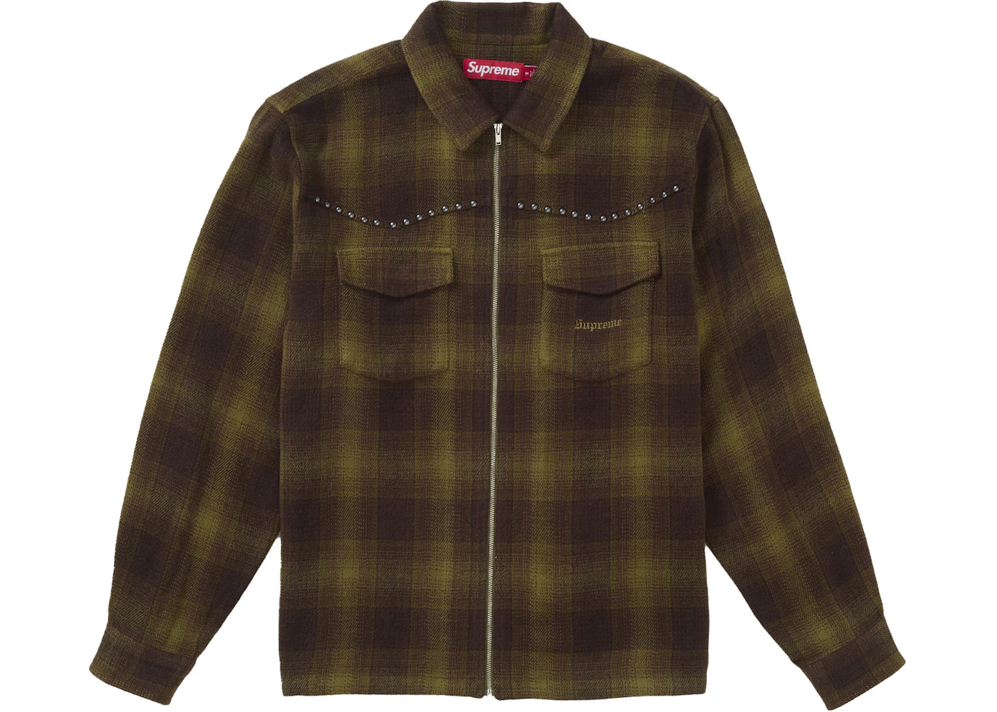 Supreme Studded Shadow Plaid Zip Up Shirt Green - 1