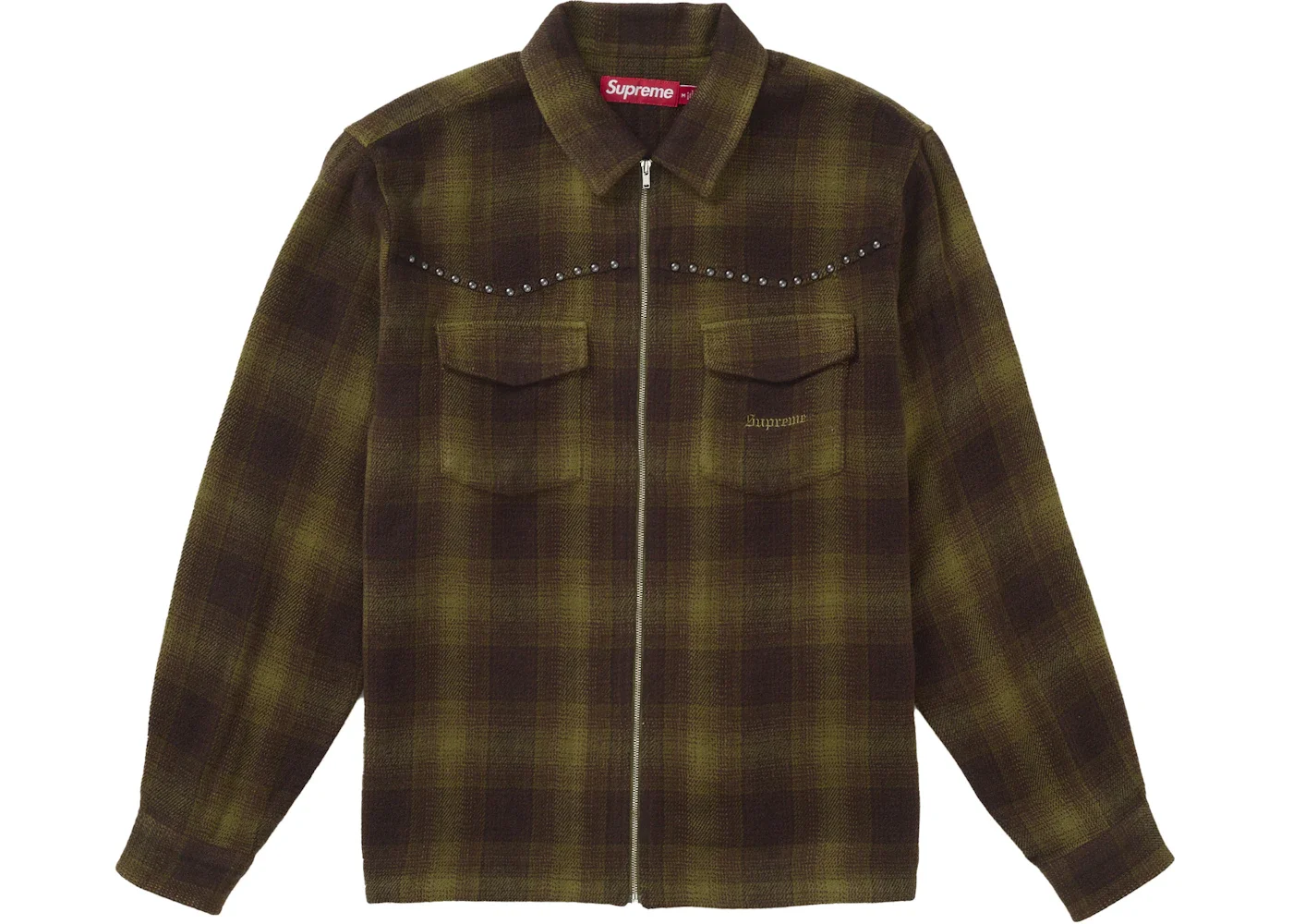 Supreme Studded Shadow Plaid Zip Up Shirt Green - 1