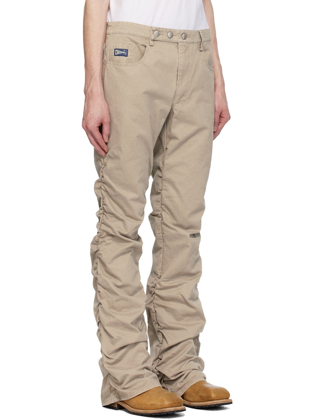 Beige Cotton Twill Stacked Trousers - 2