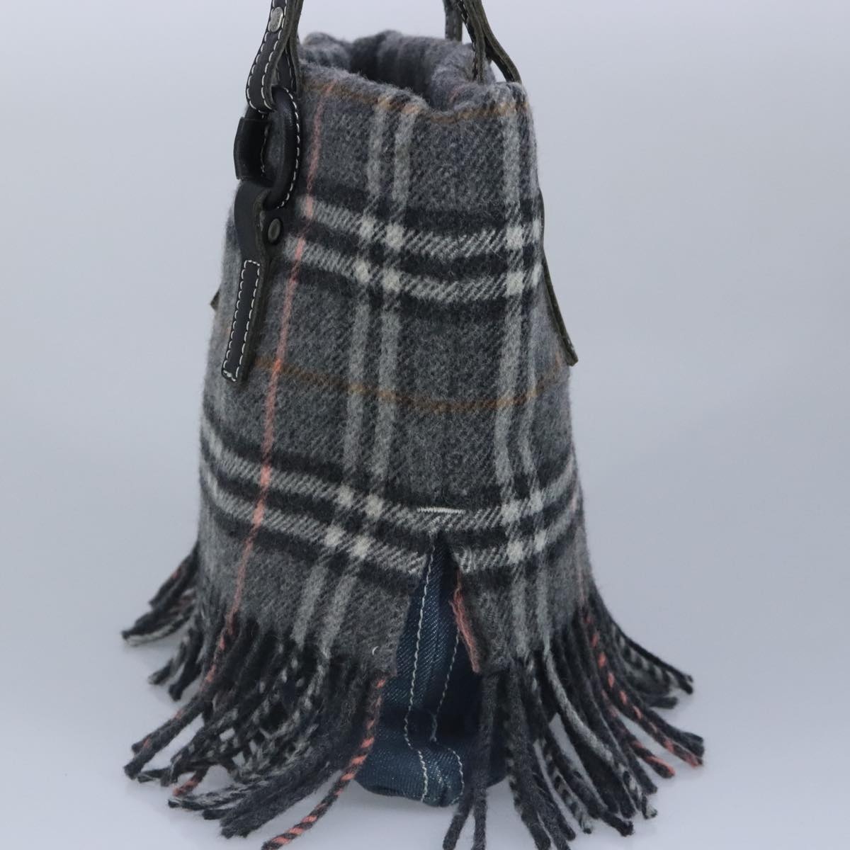 Burberry Nova Check Scarf Style Blue Label Hand Bag Wool Gray Silver - 4