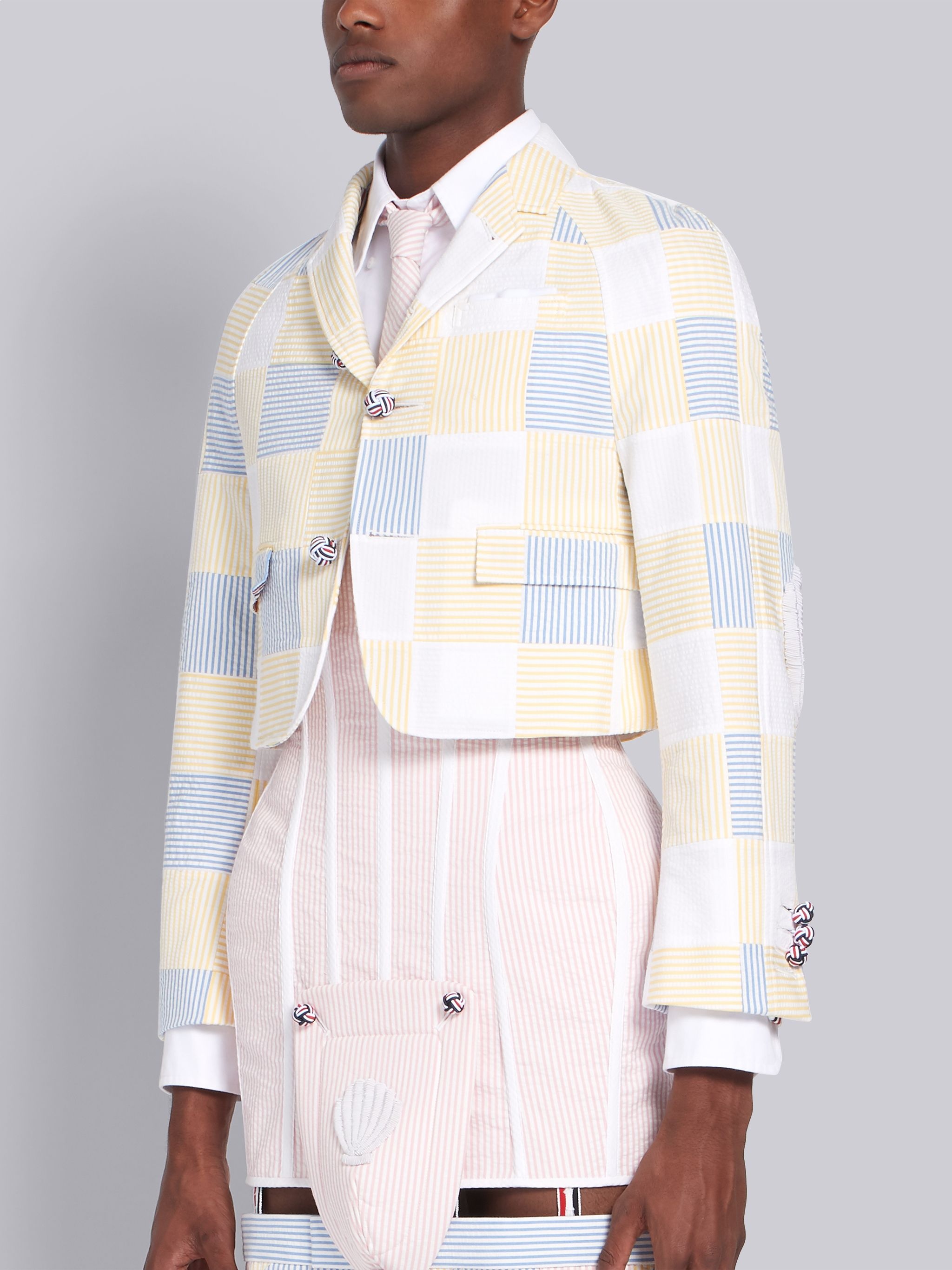 Yellow Seersucker Square Patchwork Cropped Sport Coat - 2