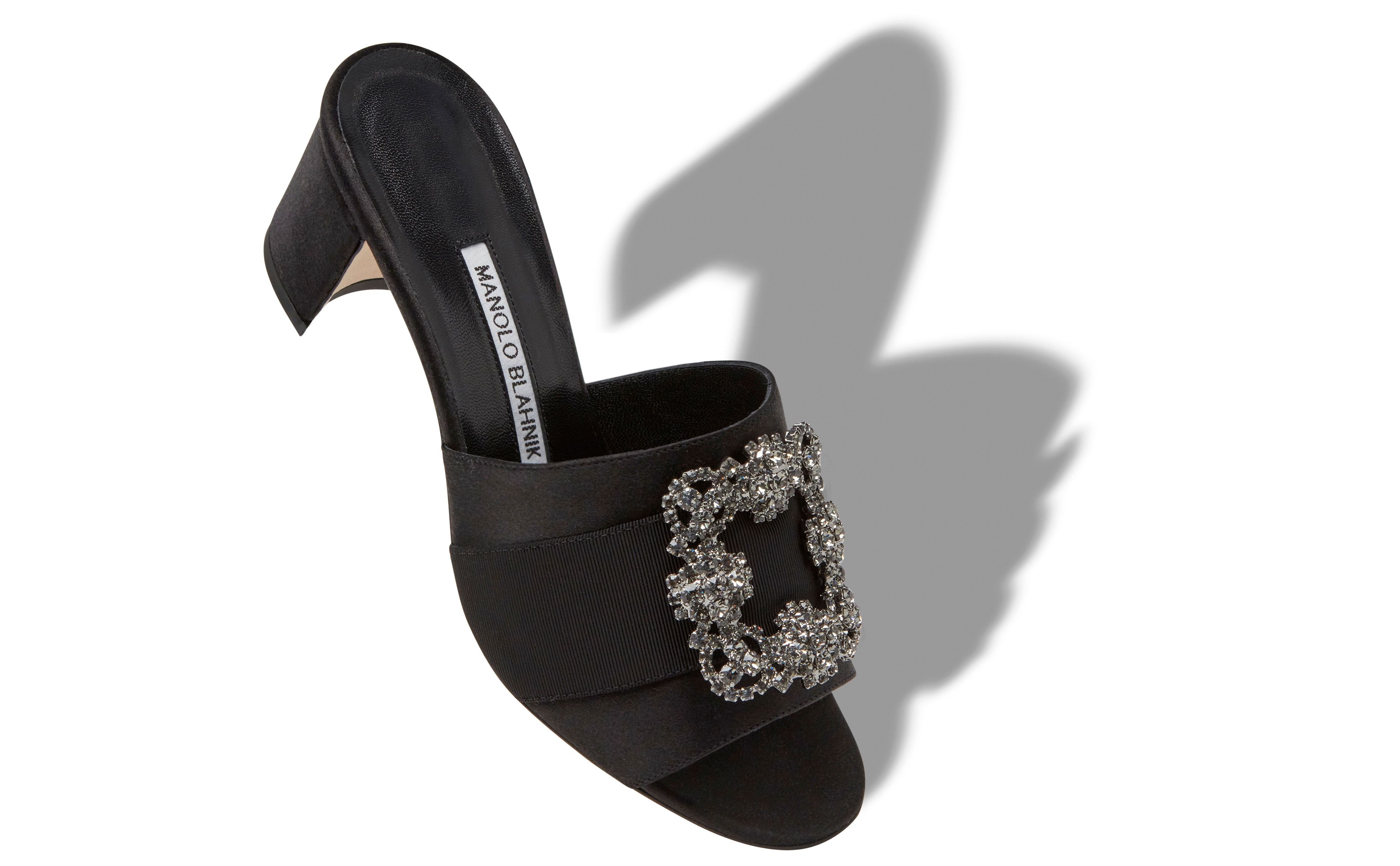 Black Satin Jewel Buckle Mules - 2