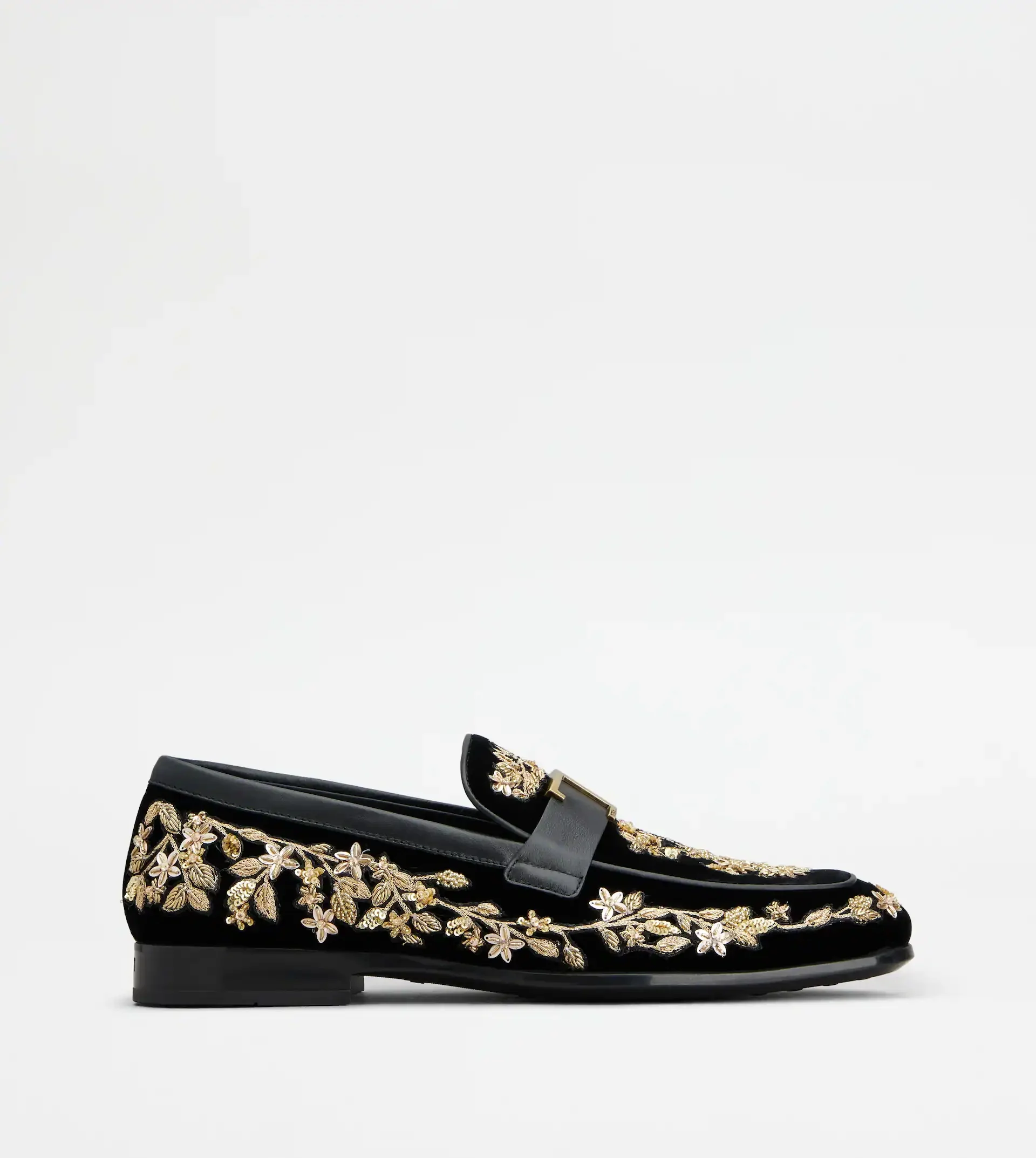 T TIMELESS LOAFERS IN VELVET AND LEATHER - BLACK, GOLD - 1