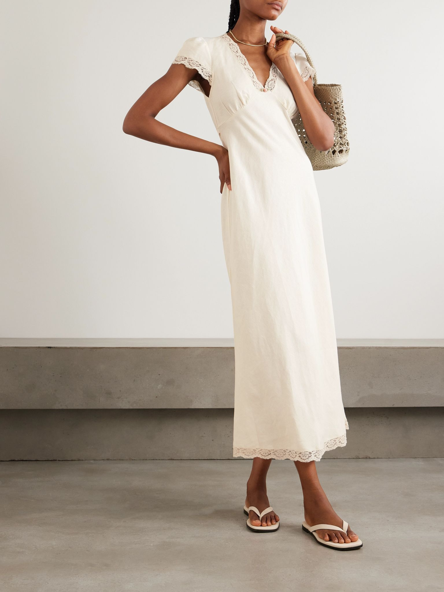 Clarice lace-trimmed linen-blend midi dress Cream - 2