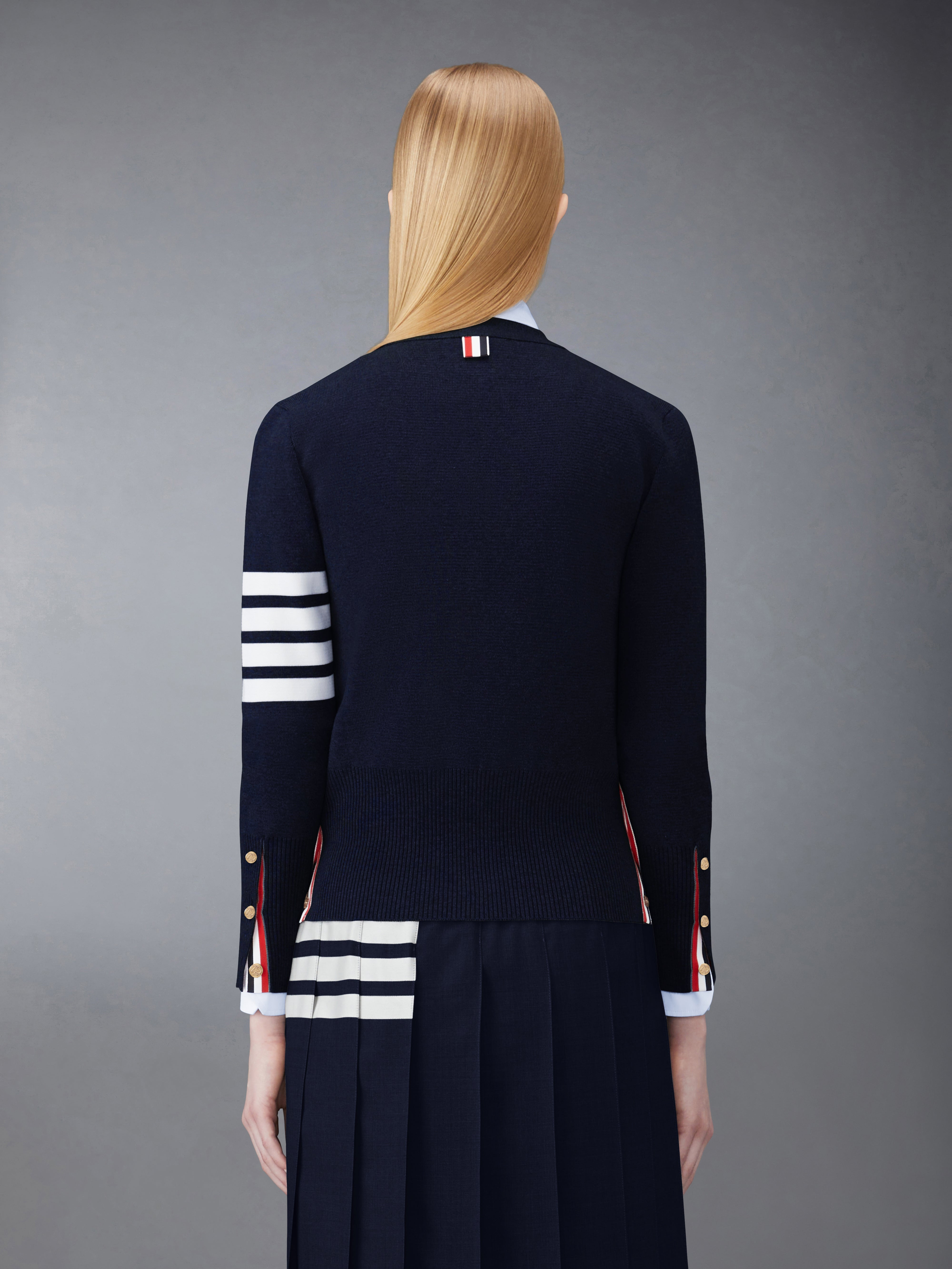 Navy Cotton Crepe V-Neck 4-Bar Cardigan - 2