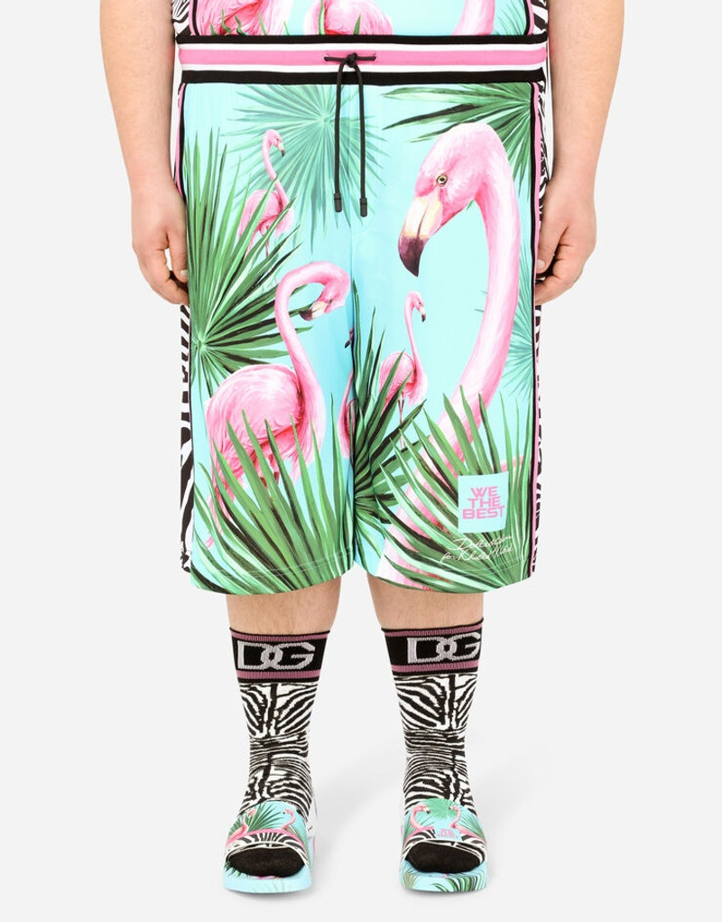 Technical fabric jogging shorts with flamingo print 6