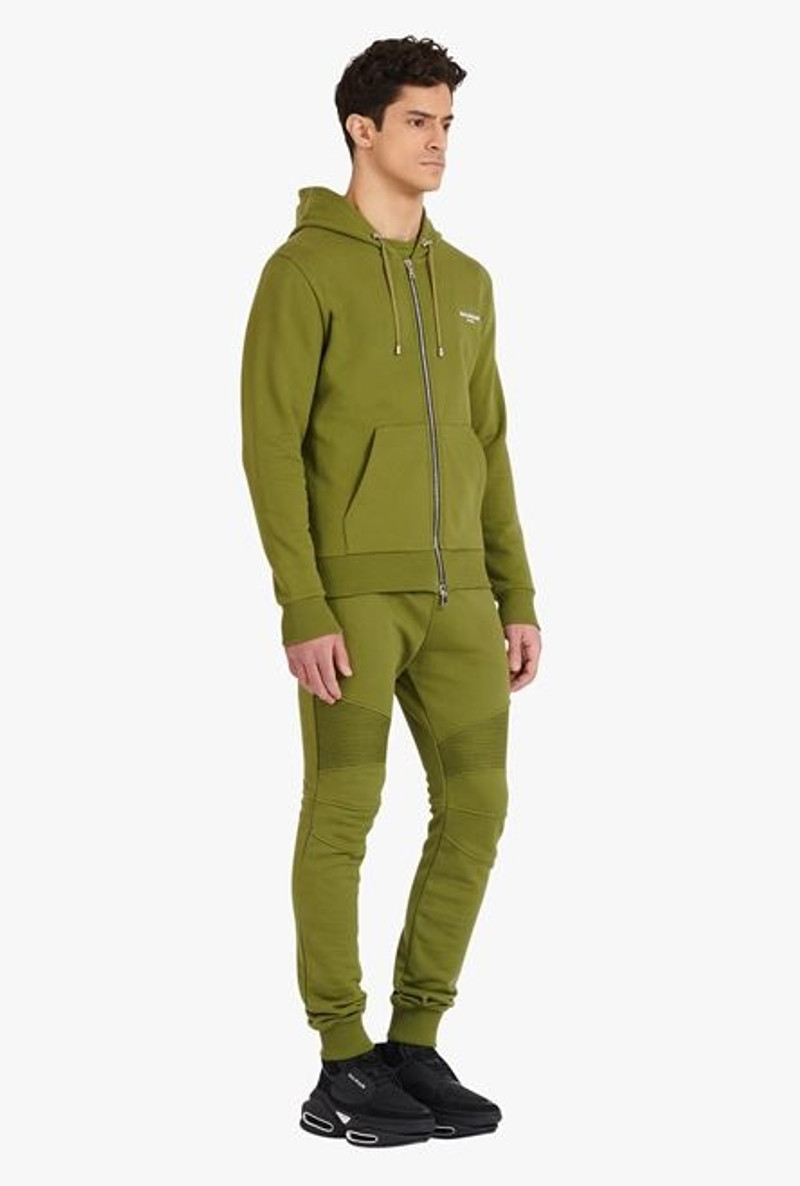 Khaki eco-designed cotton sweatshirt with small flocked white Balmain logo 7