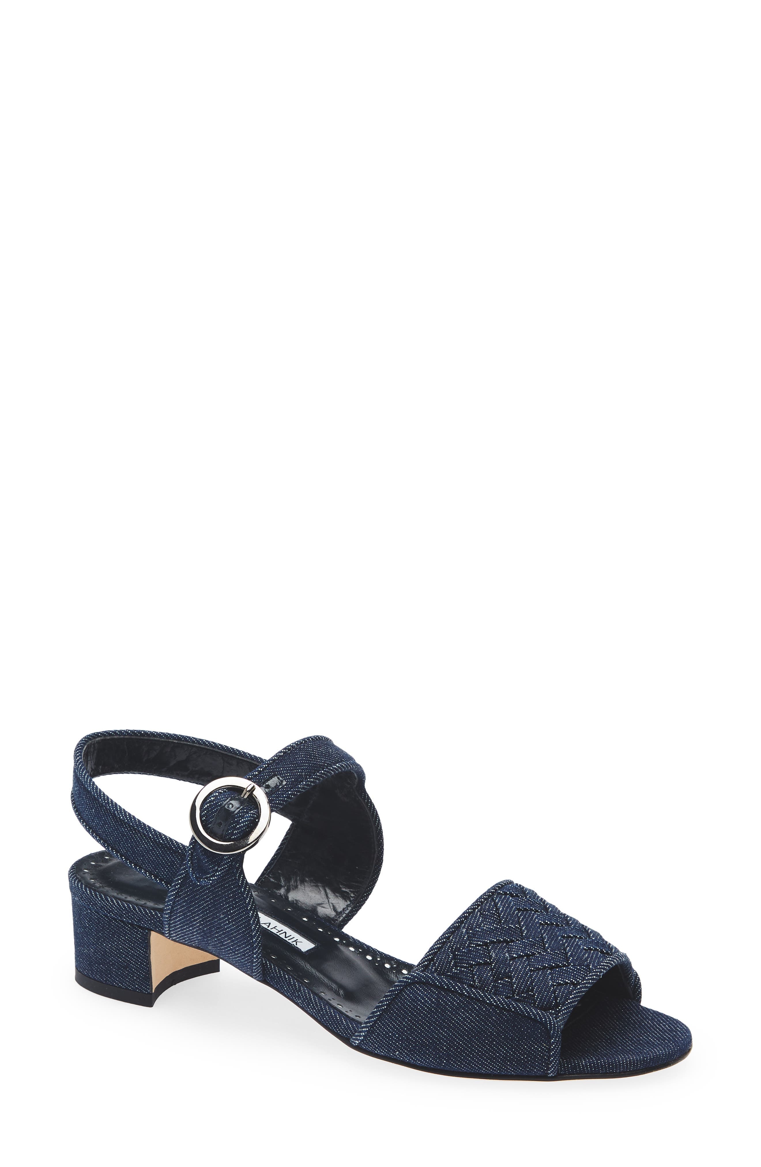 Manolo Blahnik Vibius Block Heel Slingback Sandal in Dark Blue Chambray at Nordstrom - 1