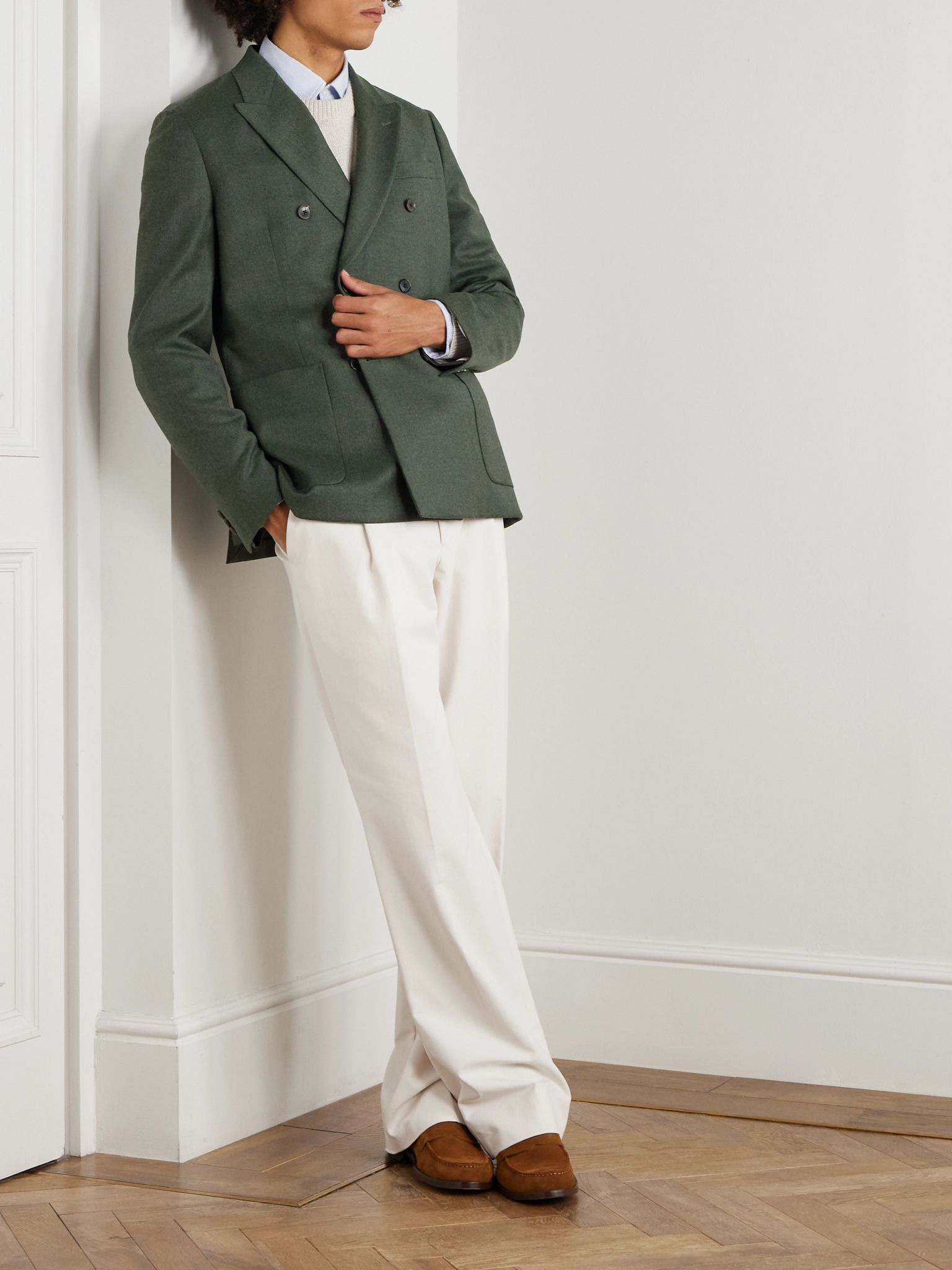 Double-Breasted Wool and Cashmere-Blend Suit Jacket Green - 2