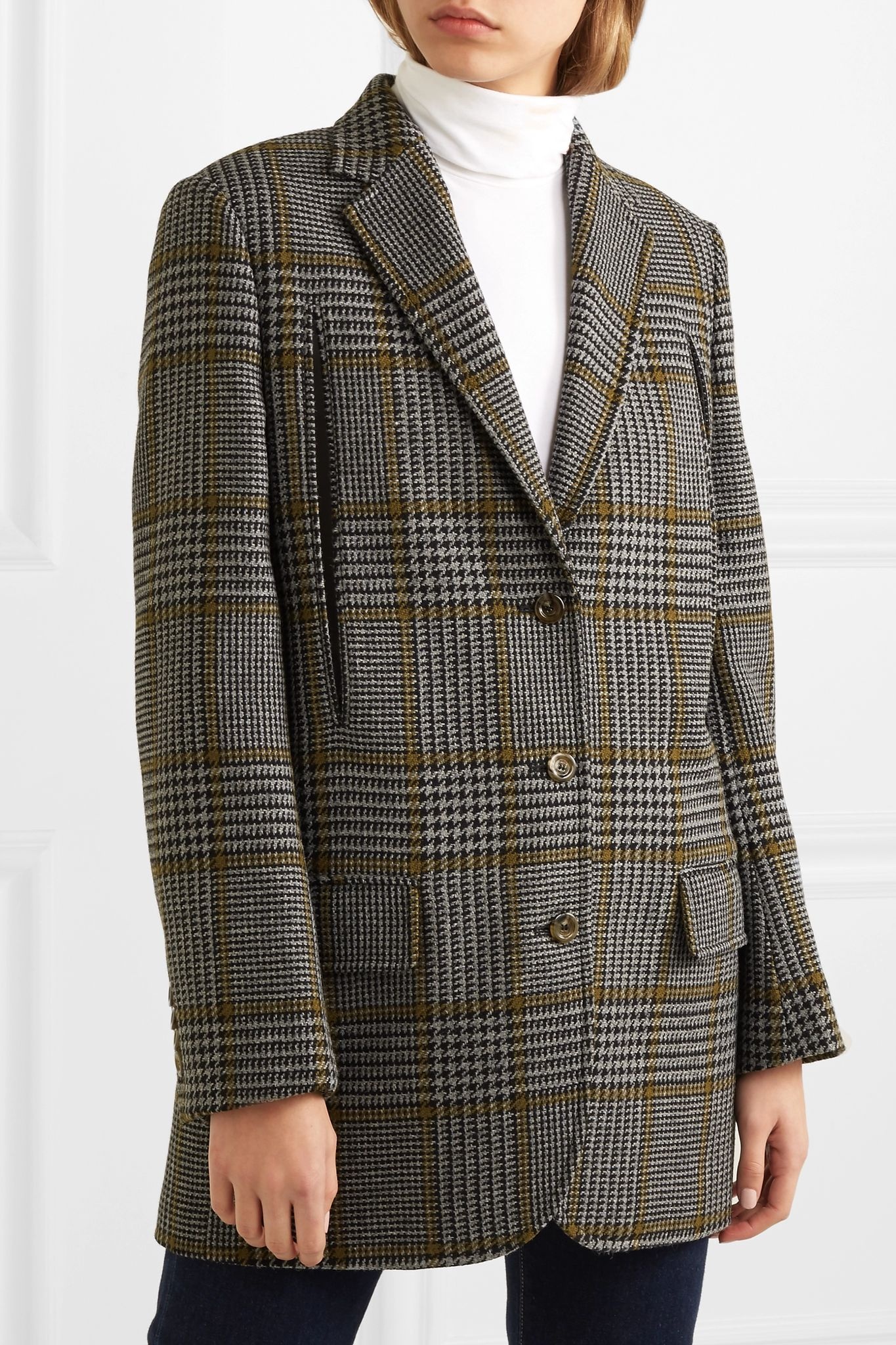 Cape-effect Prince of Wales checked wool-blend blazer - 3