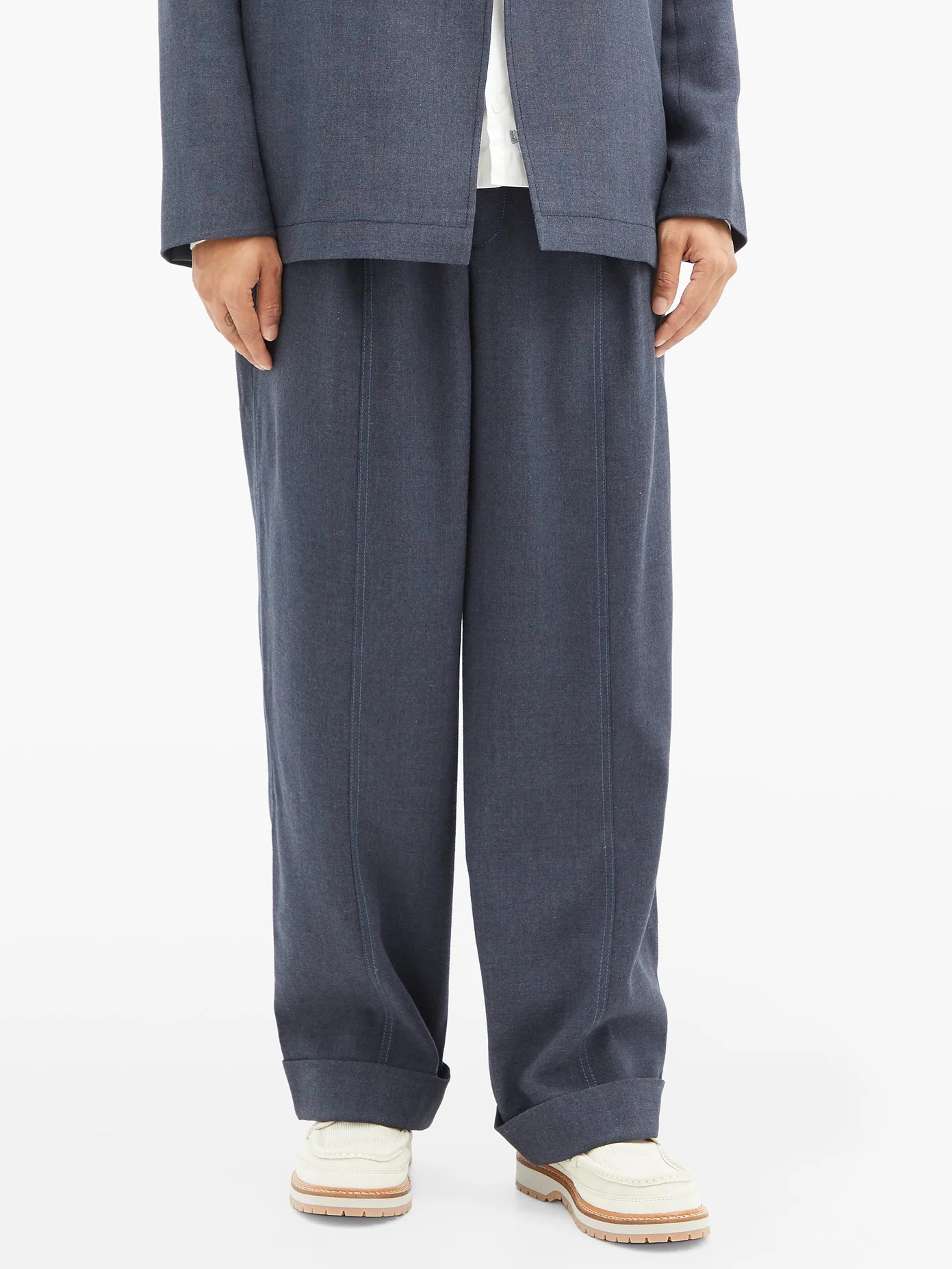 Contrast-stitch wool-blend wide-leg trousers - 6