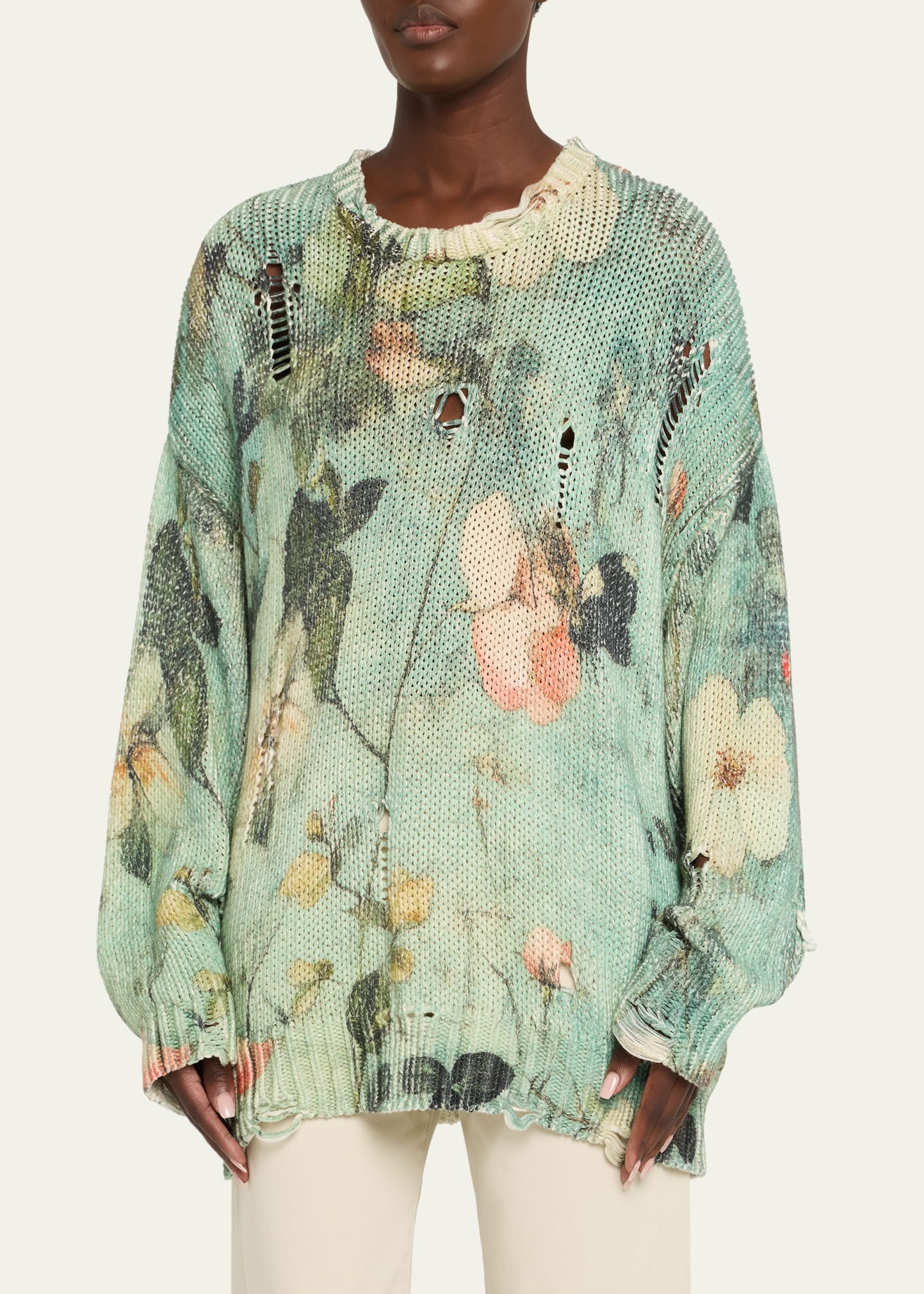 Cashmere Distressed Floral Boyfriend Sweater - 4